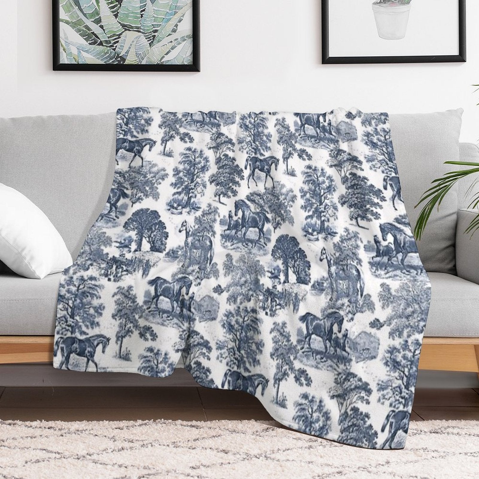 Elegant Vintage Chic Blue Toile Horses Pattern Versatility Throw Blanket
