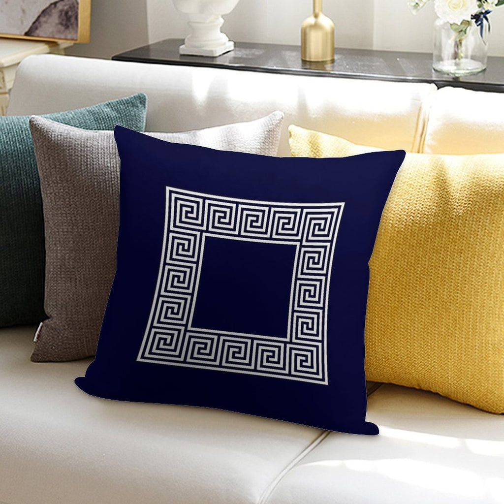 Navy Blue Greek Key Meander Square Soft Luxury Feel Throw Pillow