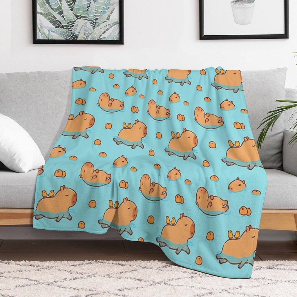 Capybara Pattern Swimming with Oranges Versatility Throw Blanket
