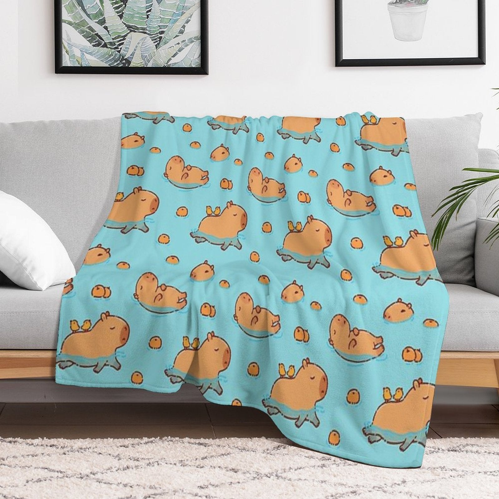 Capybara Pattern Swimming with Oranges Versatility Throw Blanket