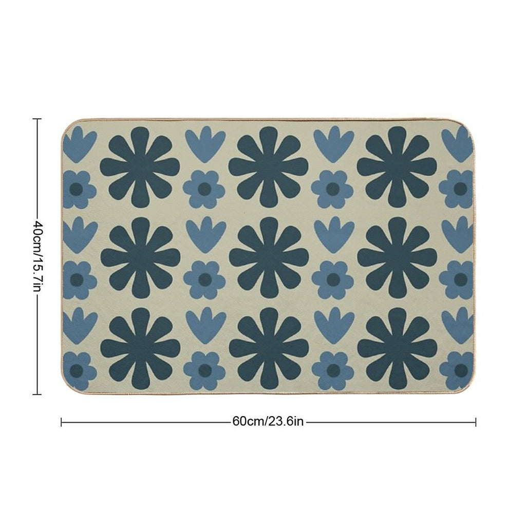 Scandi Floral Grid Retro Pattern in Vintage Blue And Beige  Absorbent Bath Mat