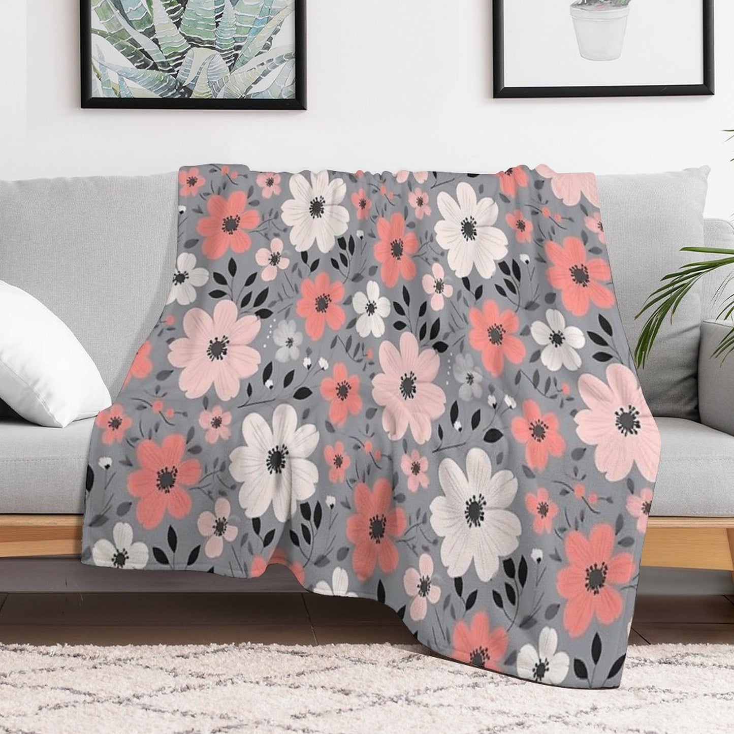Pink Salmon White Grey Flowers Grey Background Pattern Velvety-soft Throw Blanket