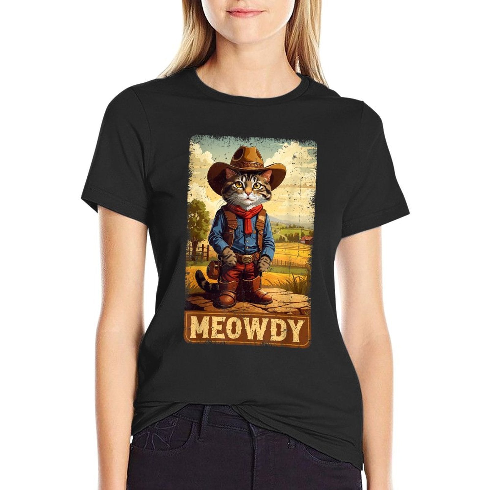 Meowdy Funny Country Side Cat Hat Vintage Cowboy Cat  Eco-friendly Material T-Shirt