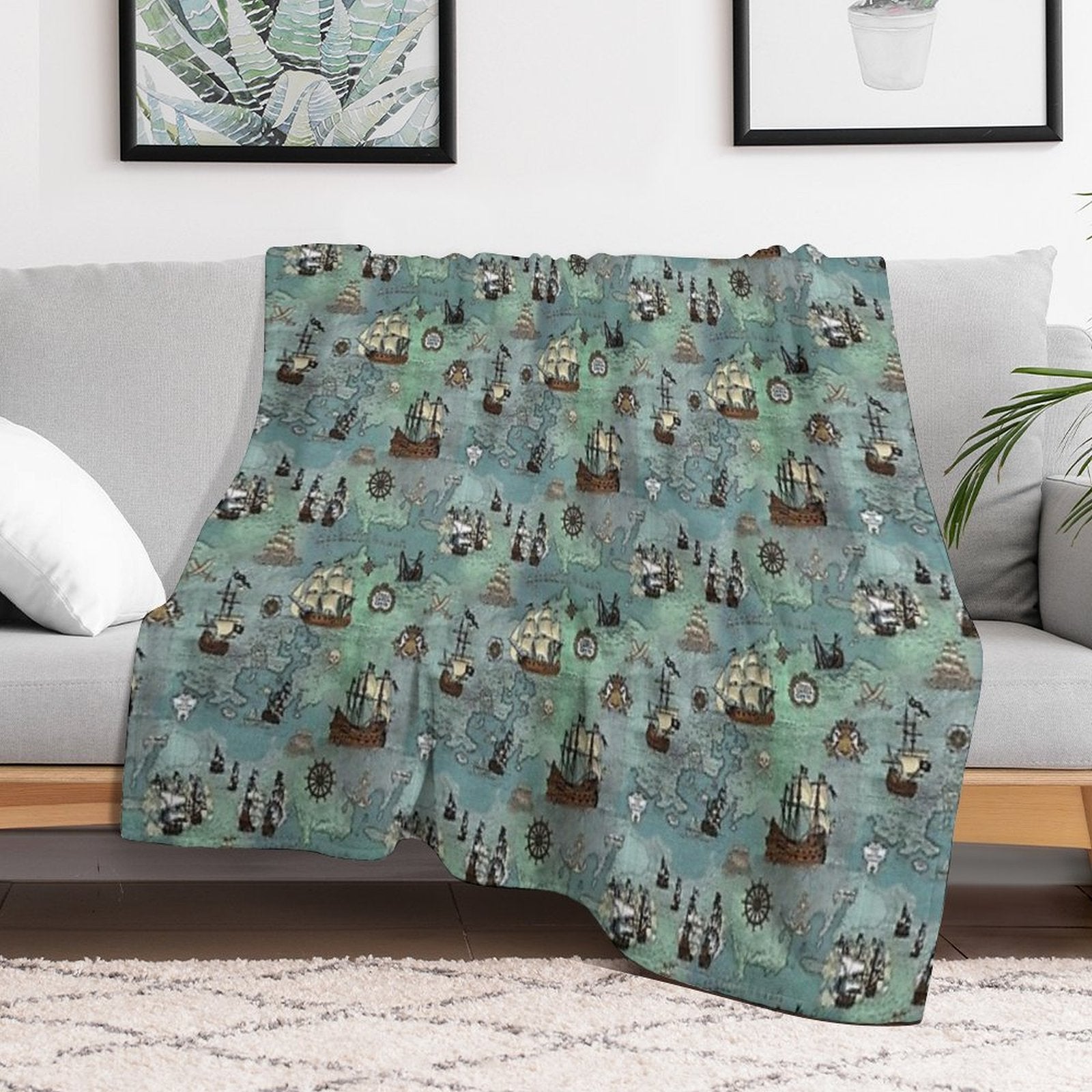 Pirate Map Nautical Sea Print Ocean Blue & Sea Glass Green Sustainable Throw Blanket