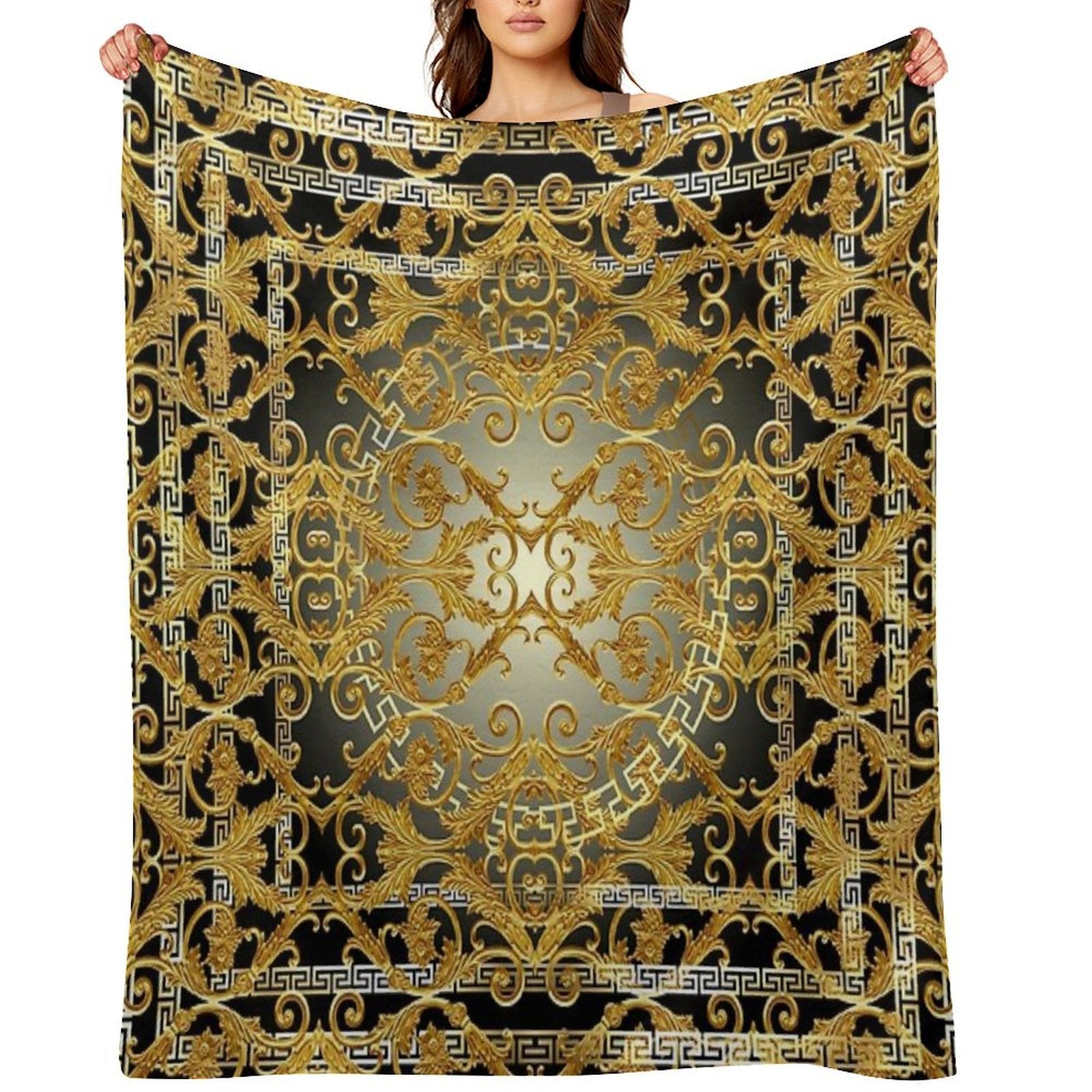 Greek Keys 4 Black Golden Baroque Style Wrinkle-free Throw Blanket