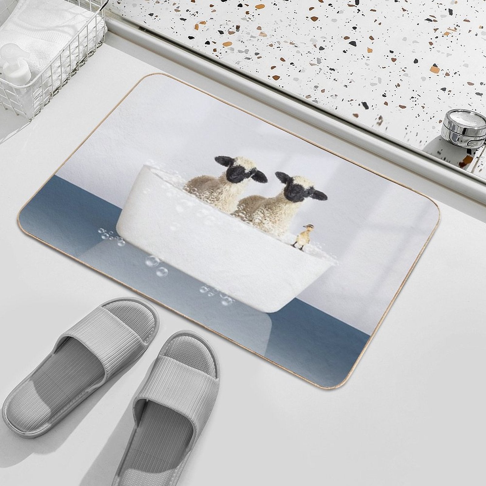 Two Lambs And Duckling in Modern Bathtub Blue Print, Lamb Bathing, Animals in Bathtub Art by Synplus  Easy To Clean Bath Mat