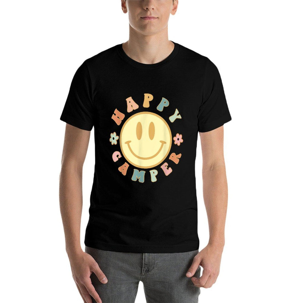 Smiling Face Groovy Retro Floral Happy Camper Camping Lover  Rolled Sleeves T-Shirt