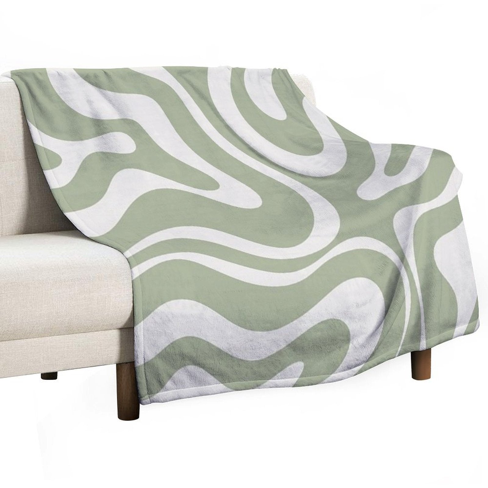Liquid Swirl Abstract Pattern in Sage Green And Nearly White Plush Throw Blanket