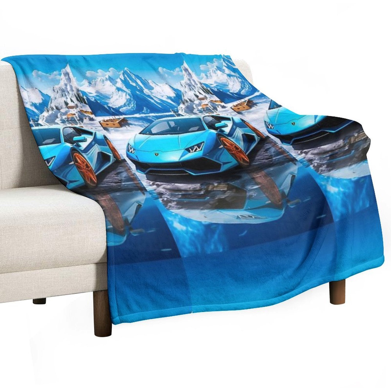 Blue Lamborghini Huracan, Icy Majesty Supercar, Sports Car On Snowy Alpine Backdrop, High Octane Wall Art Machine-washable Throw Blanket