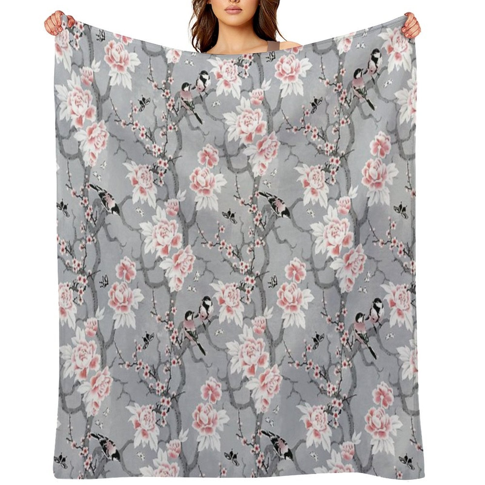 Chinoiserie Birds in Grey Wrinkle-free Throw Blanket
