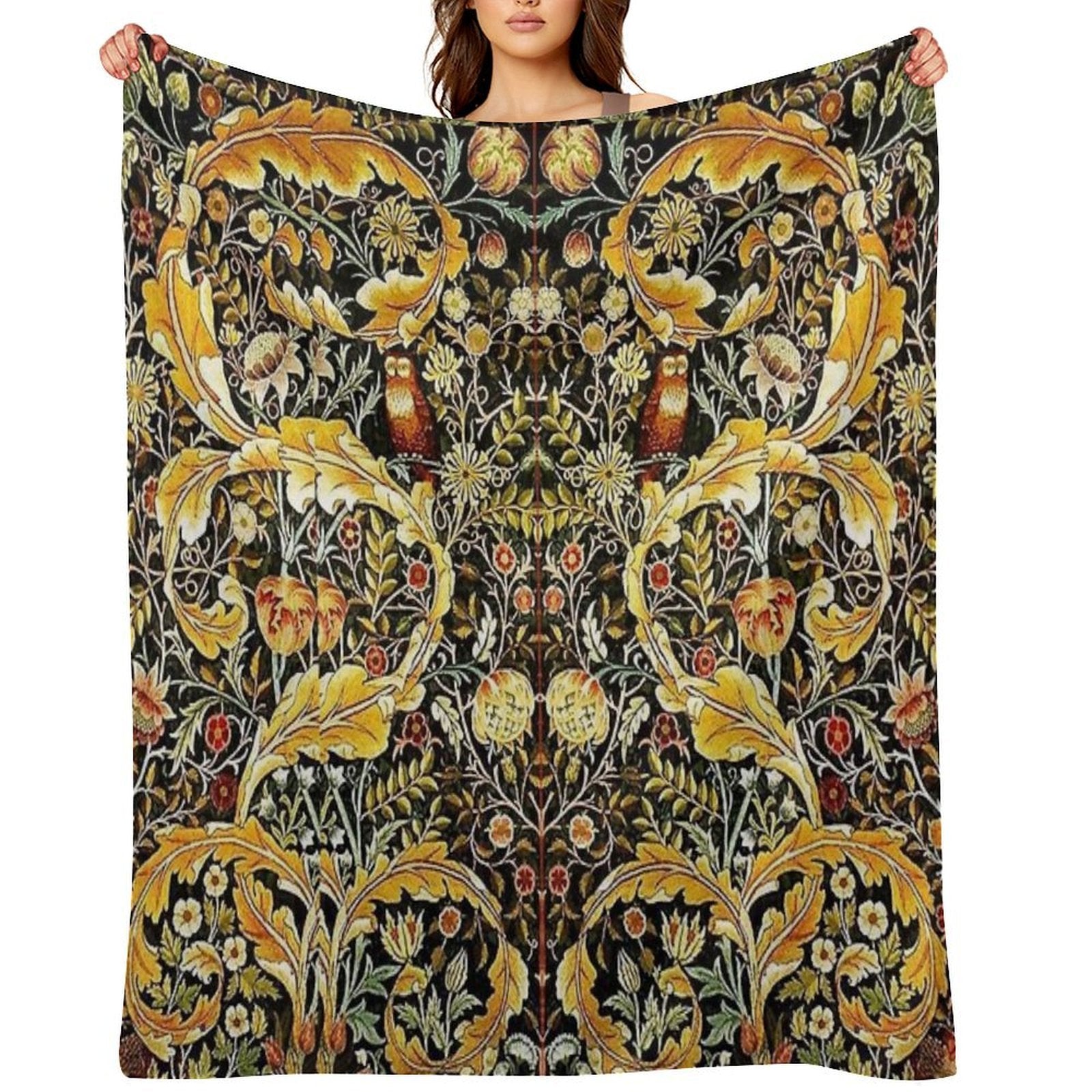 OWL ON ACANTHUS LEAVES AND FLOWERS Yellow Brown Floral Premium Throw Blanket