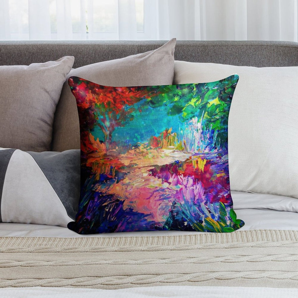 WELCOME TO UTOPIA Bold Rainbow Multicolor Abstract Painting Forest Nature Whimsical Fantasy Fine Art Soft Ultra-Soft Texture Throw Pillow
