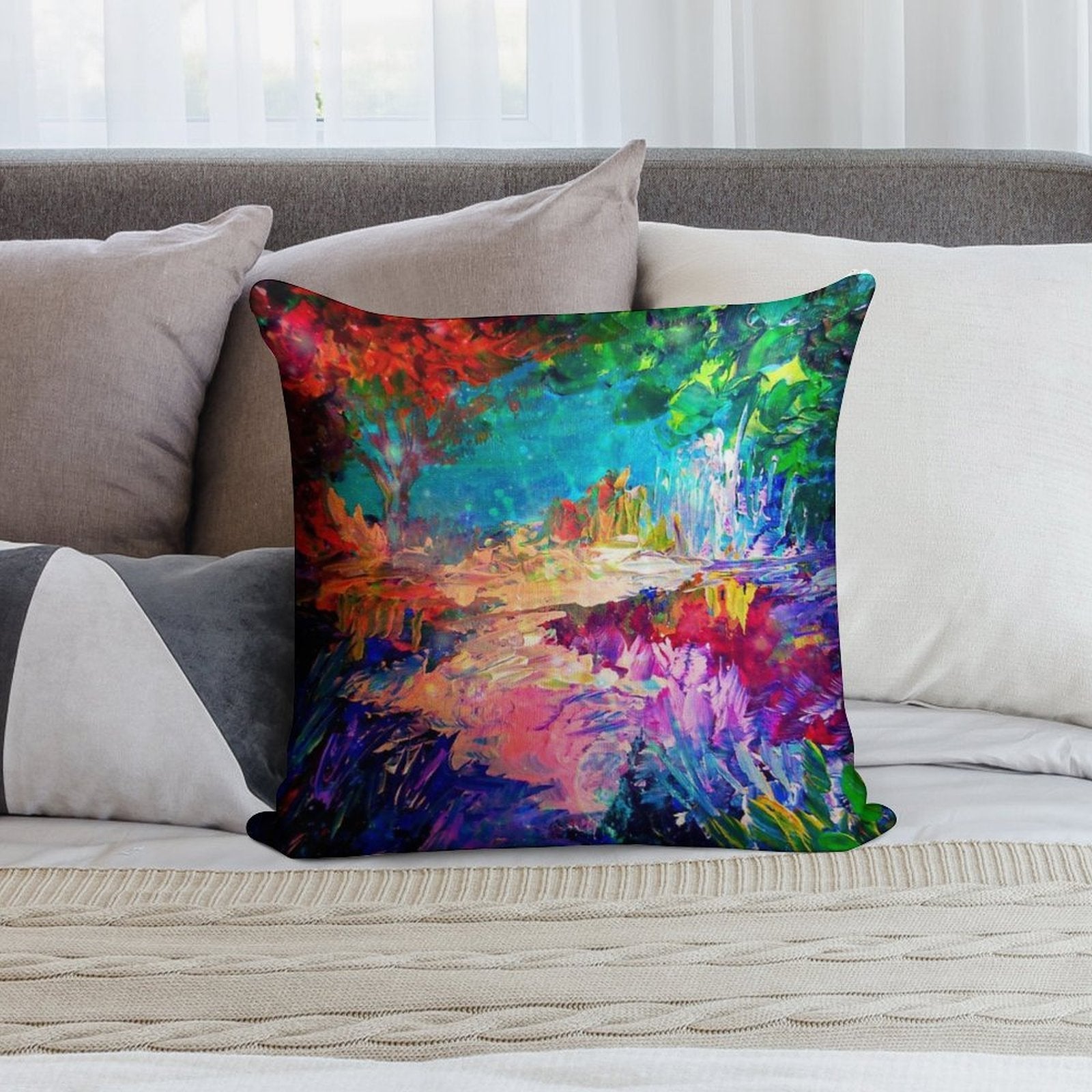 WELCOME TO UTOPIA Bold Rainbow Multicolor Abstract Painting Forest Nature Whimsical Fantasy Fine Art Soft Ultra-Soft Texture Throw Pillow