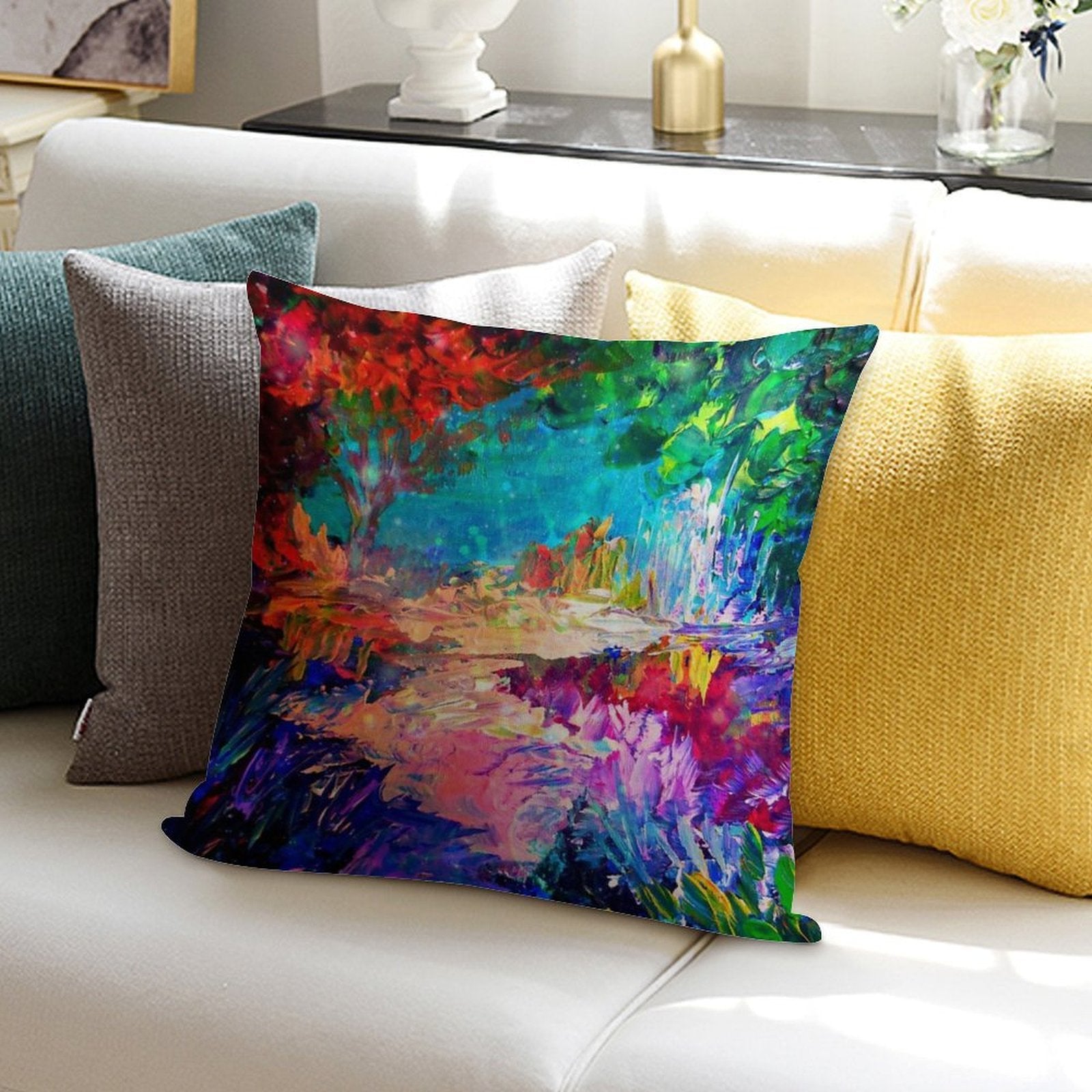WELCOME TO UTOPIA Bold Rainbow Multicolor Abstract Painting Forest Nature Whimsical Fantasy Fine Art Soft Ultra-Soft Texture Throw Pillow