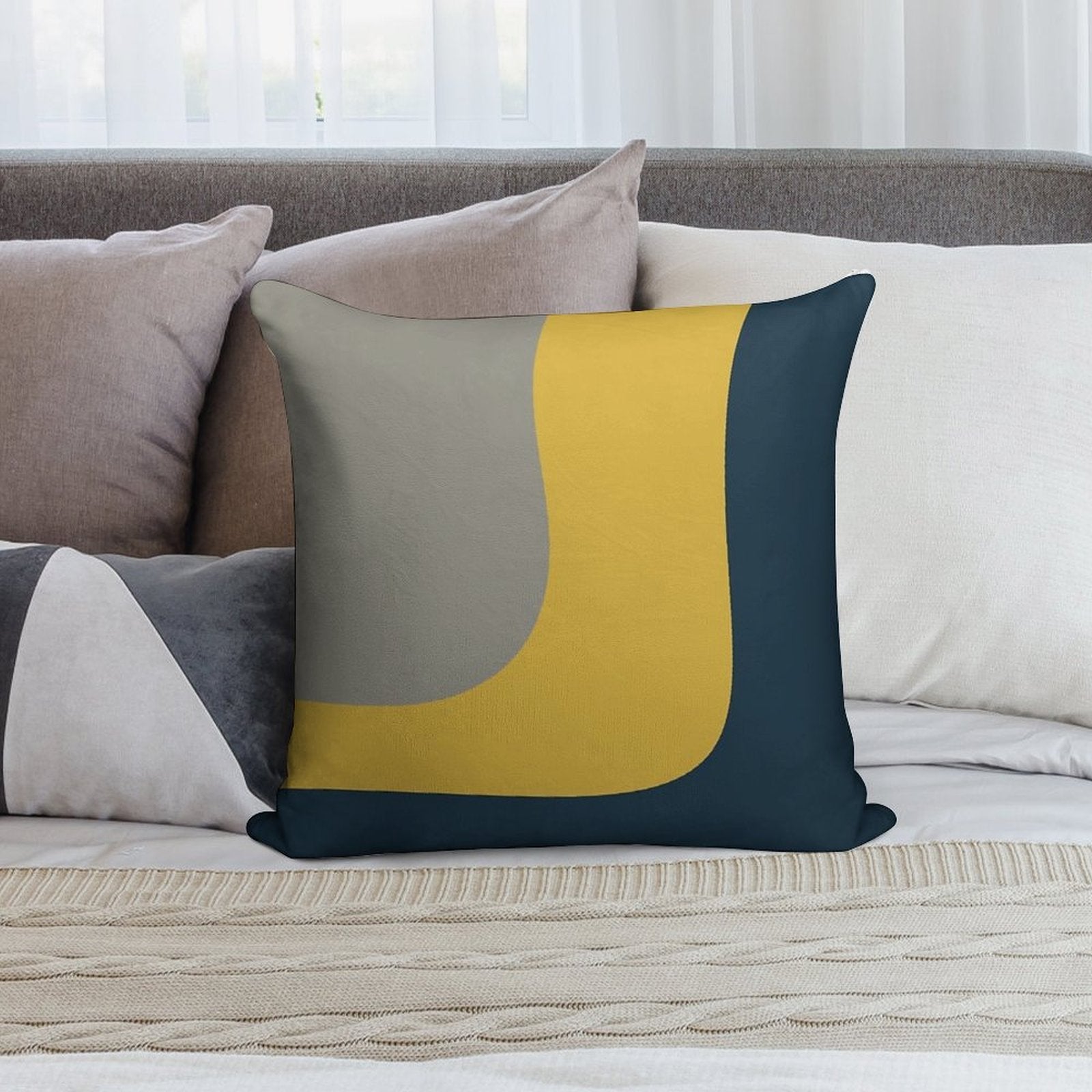 Triple Wave Minimalist Pattern in Mustard Yellow, Navy Blue, And Grey Soft Fade-Resistant Throw Pillow