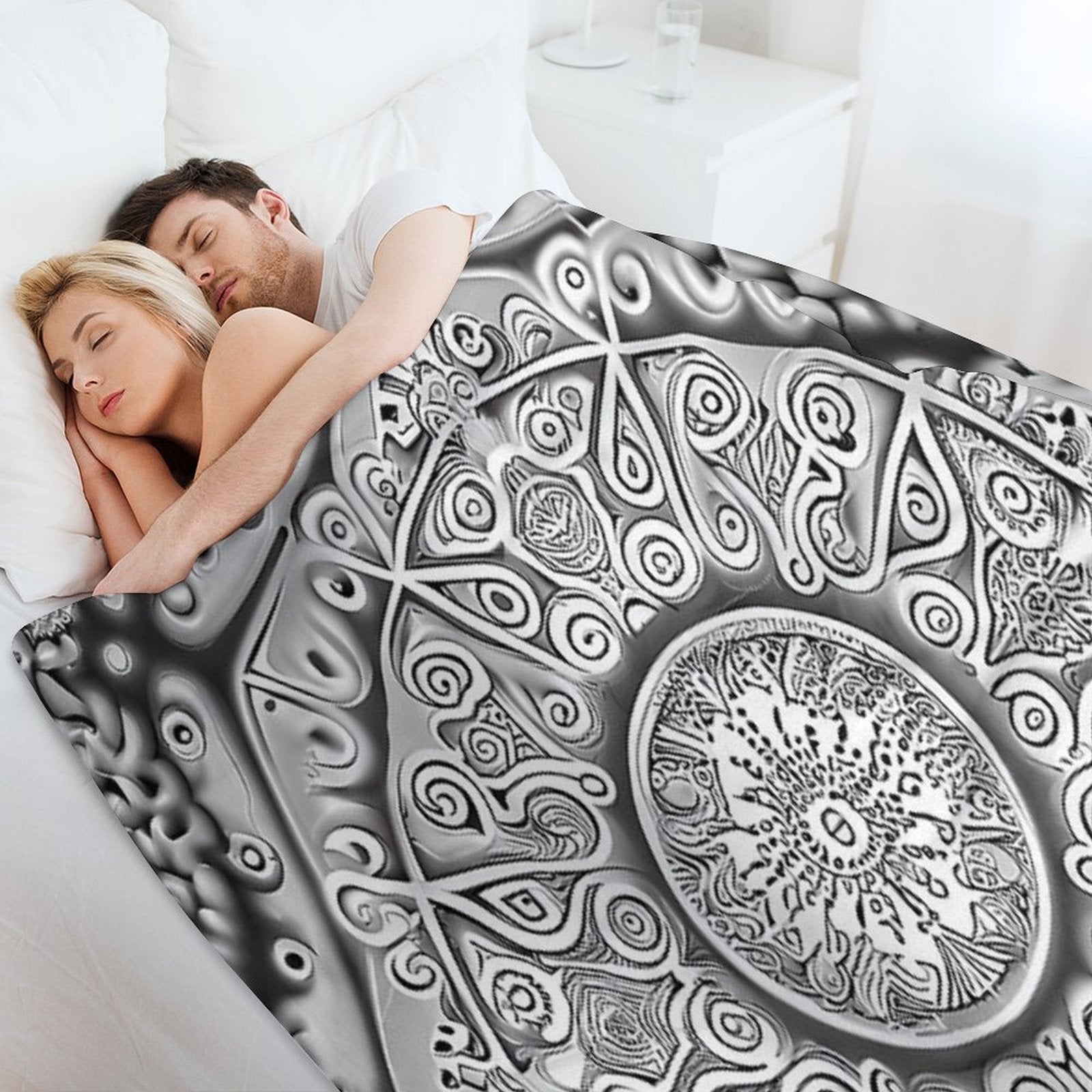 Symmetrical Monochromatic New Traditional Pattern Digital Painting Travel-friendly Throw Blanket