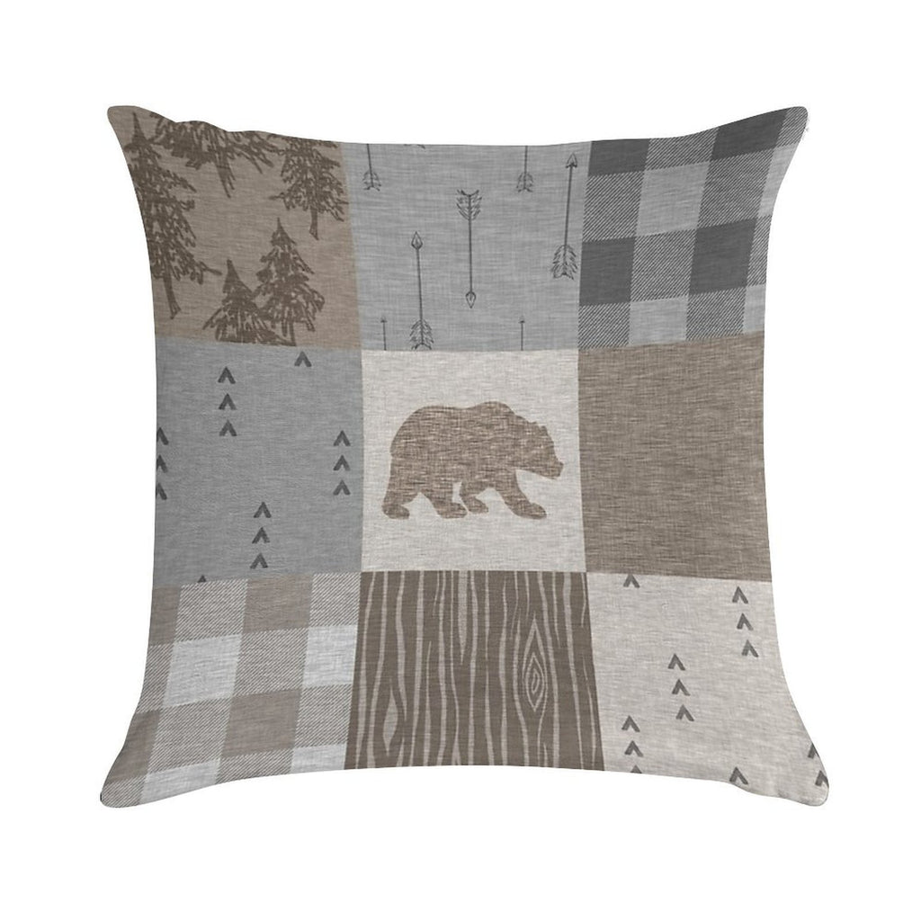 Bear Patchwork - Rustic Neutrals Soft High-Density Material Throw Pillow