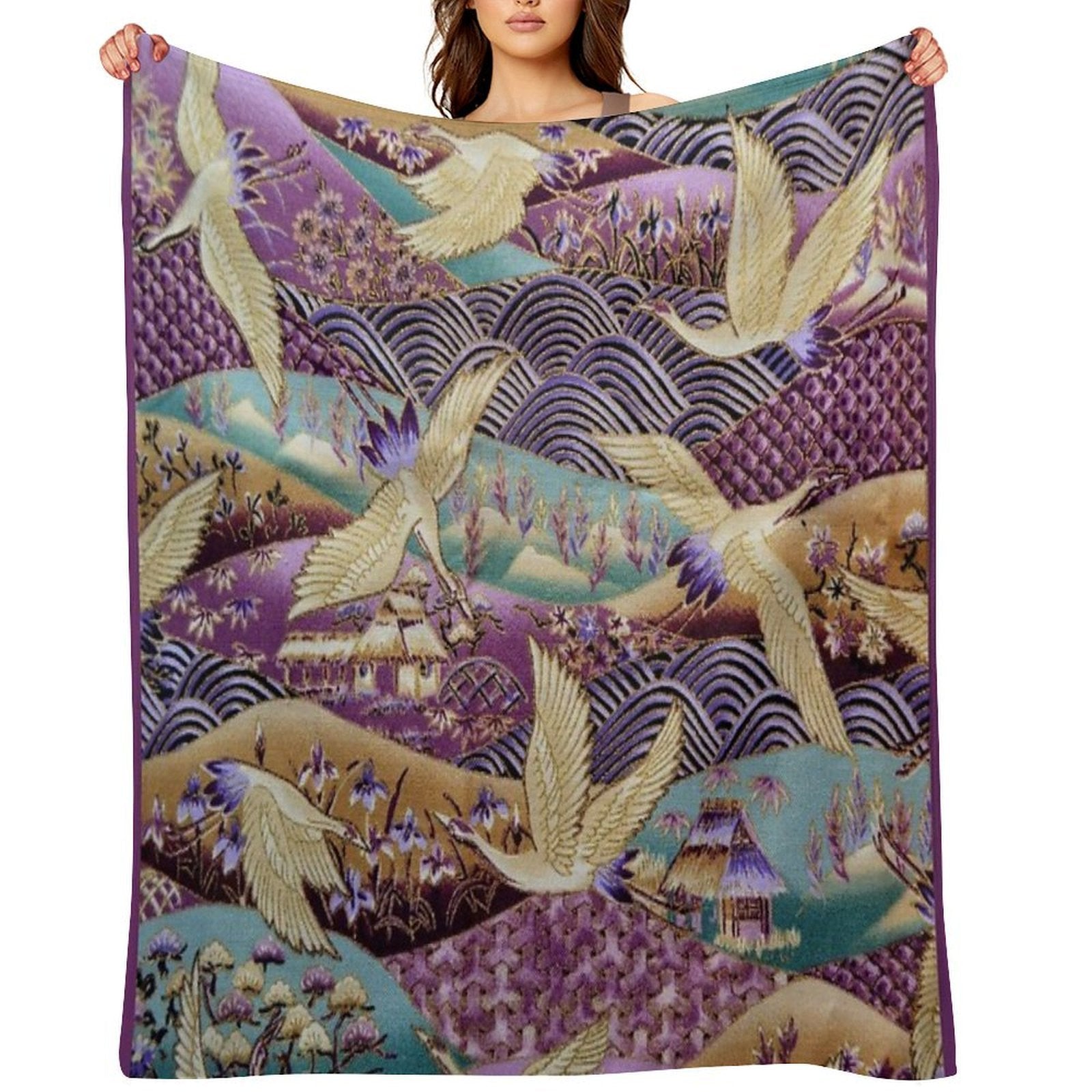 Japanese Crane Kimono Style Embroidered Pattern Eco-conscious Throw Blanket