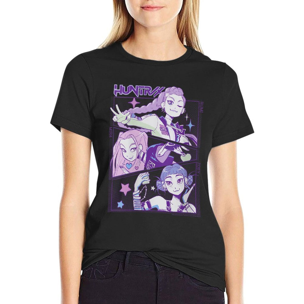 Womens Kpop Demon Hunters Huntrx Cute Vintage Animated Panels  Graphic-printed T-Shirt