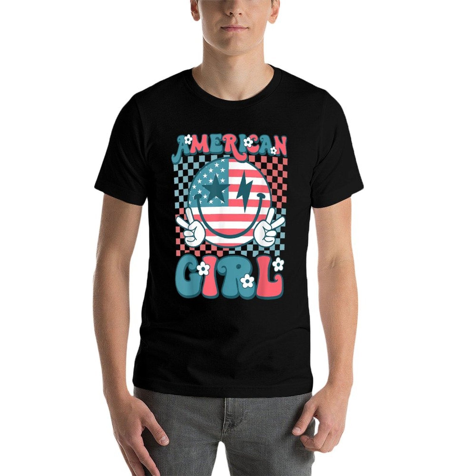 Retro Groovy Fourth 4th of July Smile American Girl  Tagless Design T-Shirt