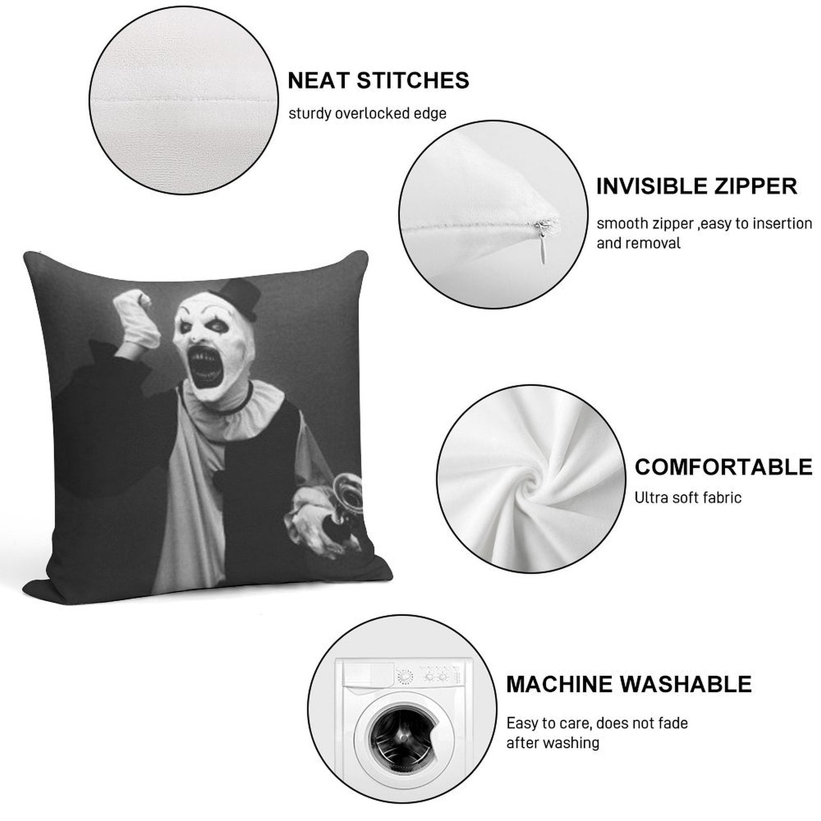 Terrifier Art The Clown Horror Soft Fade-Resistant Throw Pillow