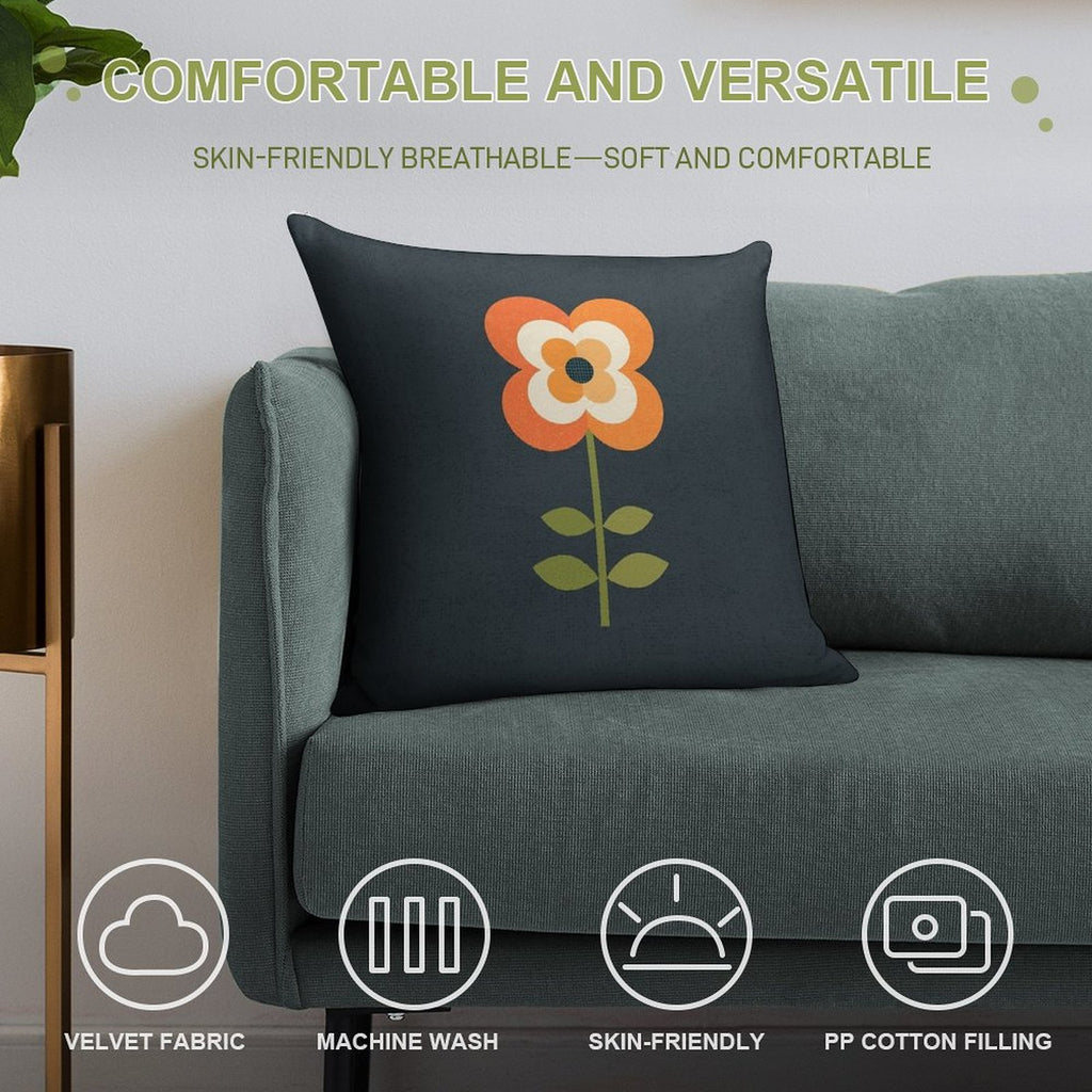 Retro Flower - Orange And Charcoal Soft Gift Ready Throw Pillow