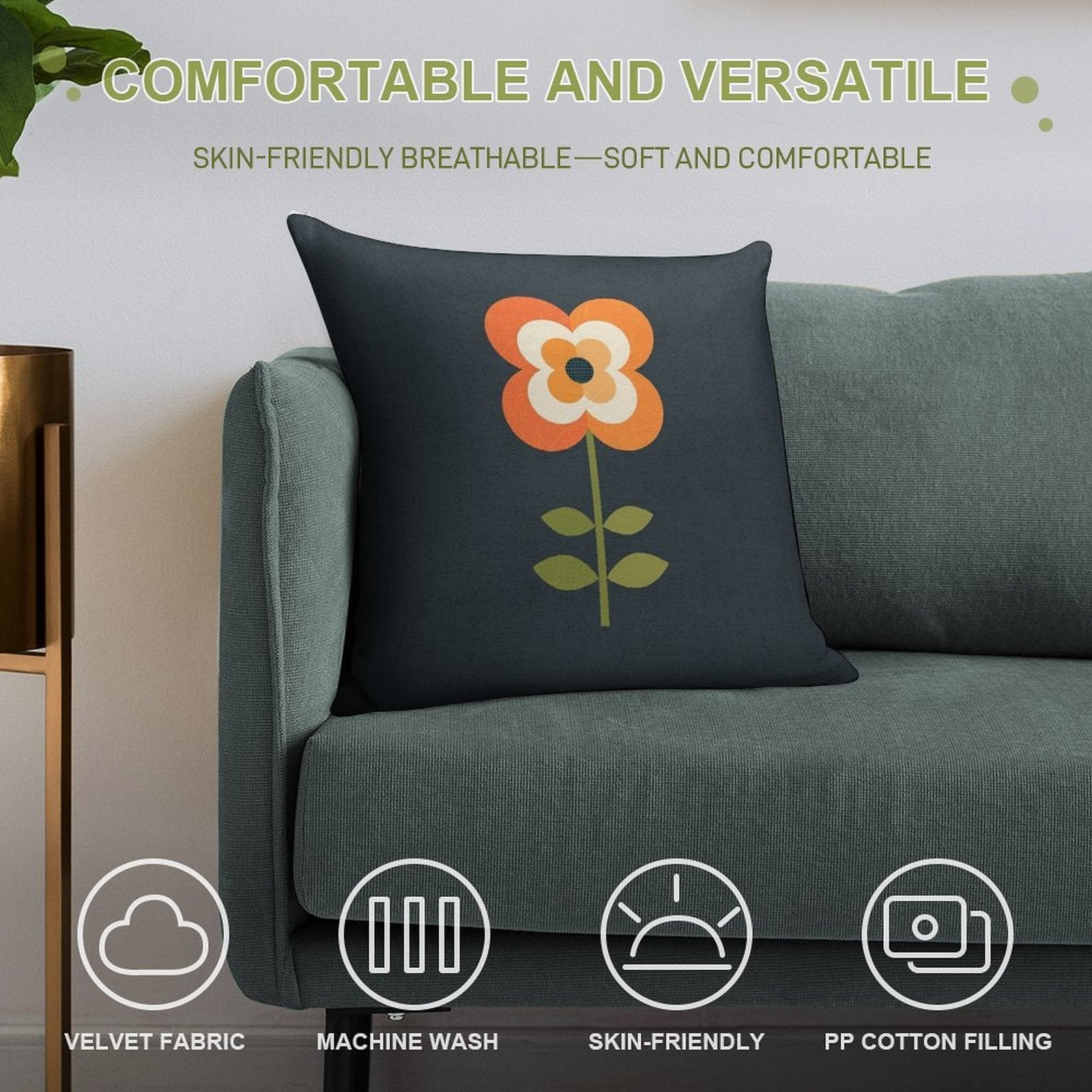 Retro Flower - Orange And Charcoal Soft Gift Ready Throw Pillow