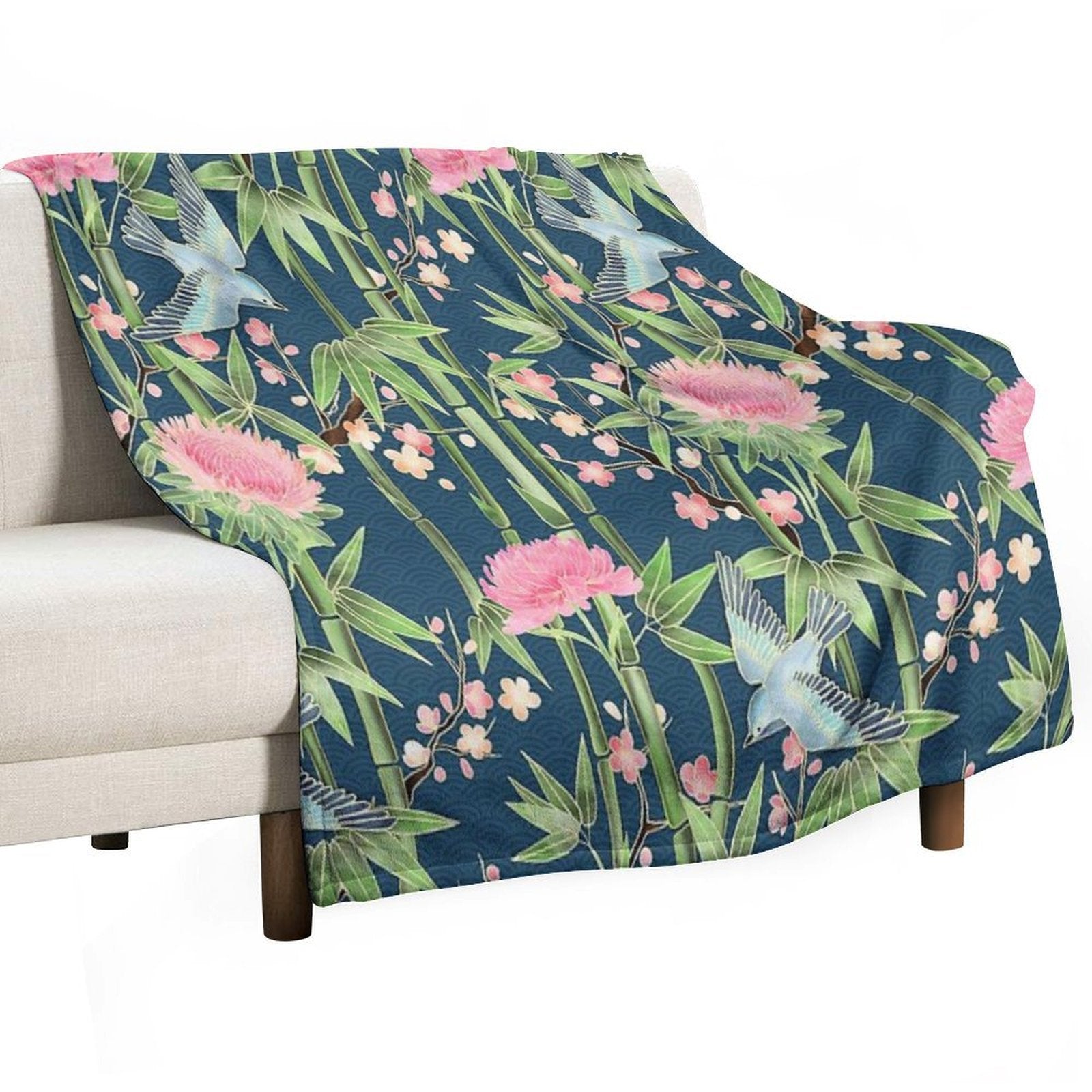Bamboo, Birds And Blossom - Dark Teal Velvety-soft Throw Blanket