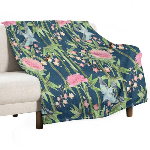 Bamboo, Birds And Blossom - Dark Teal Velvety-soft Throw Blanket