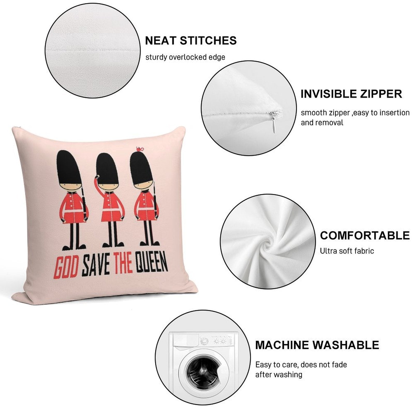 Vintage Funny London Queen Guard United Kingdom Soldier Retro British Souvenir UK Gift Soft Hidden Zipper Throw Pillow