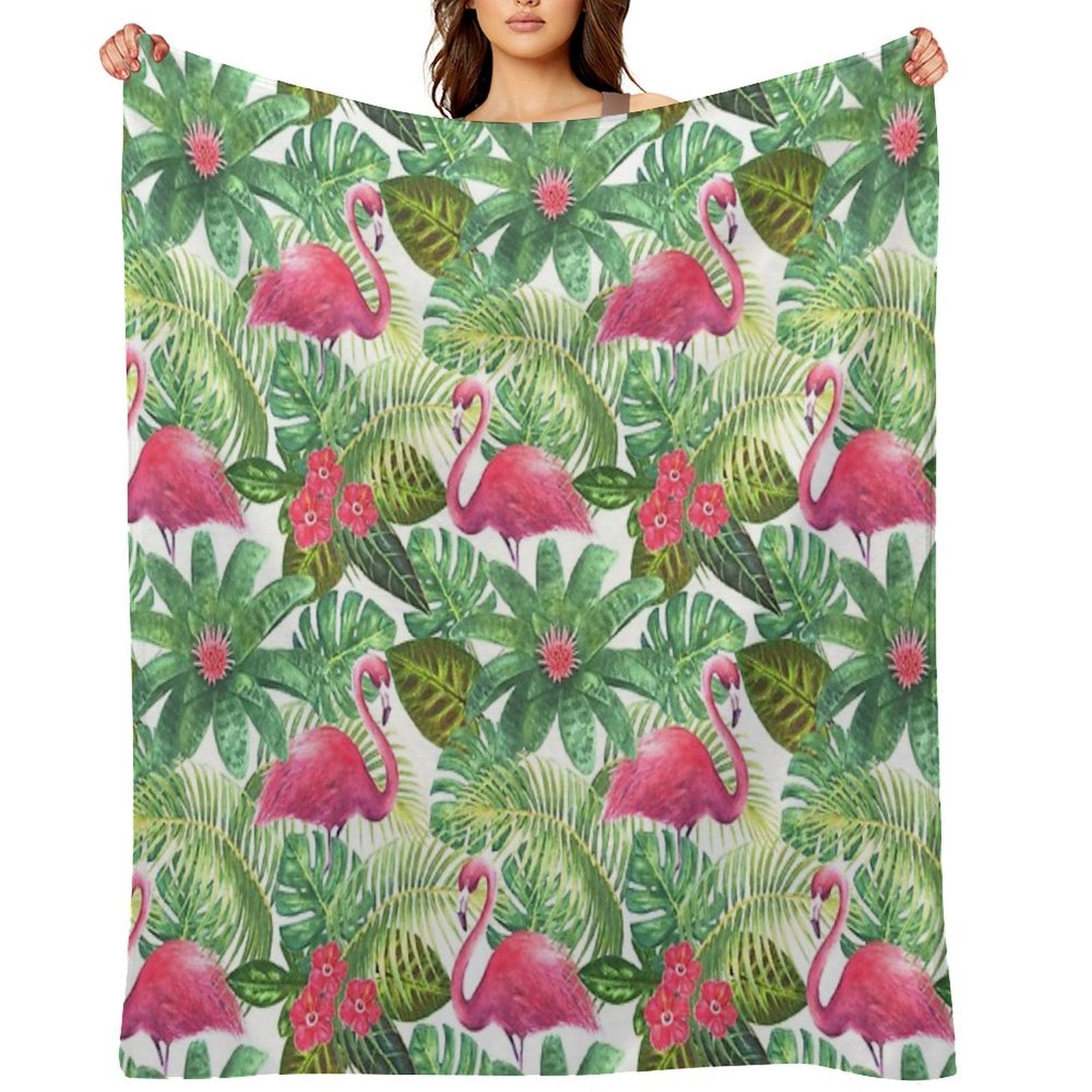 Tropical Exotic Seamless Pattern with Pink Flamingos on White Background Premium Throw Blanket