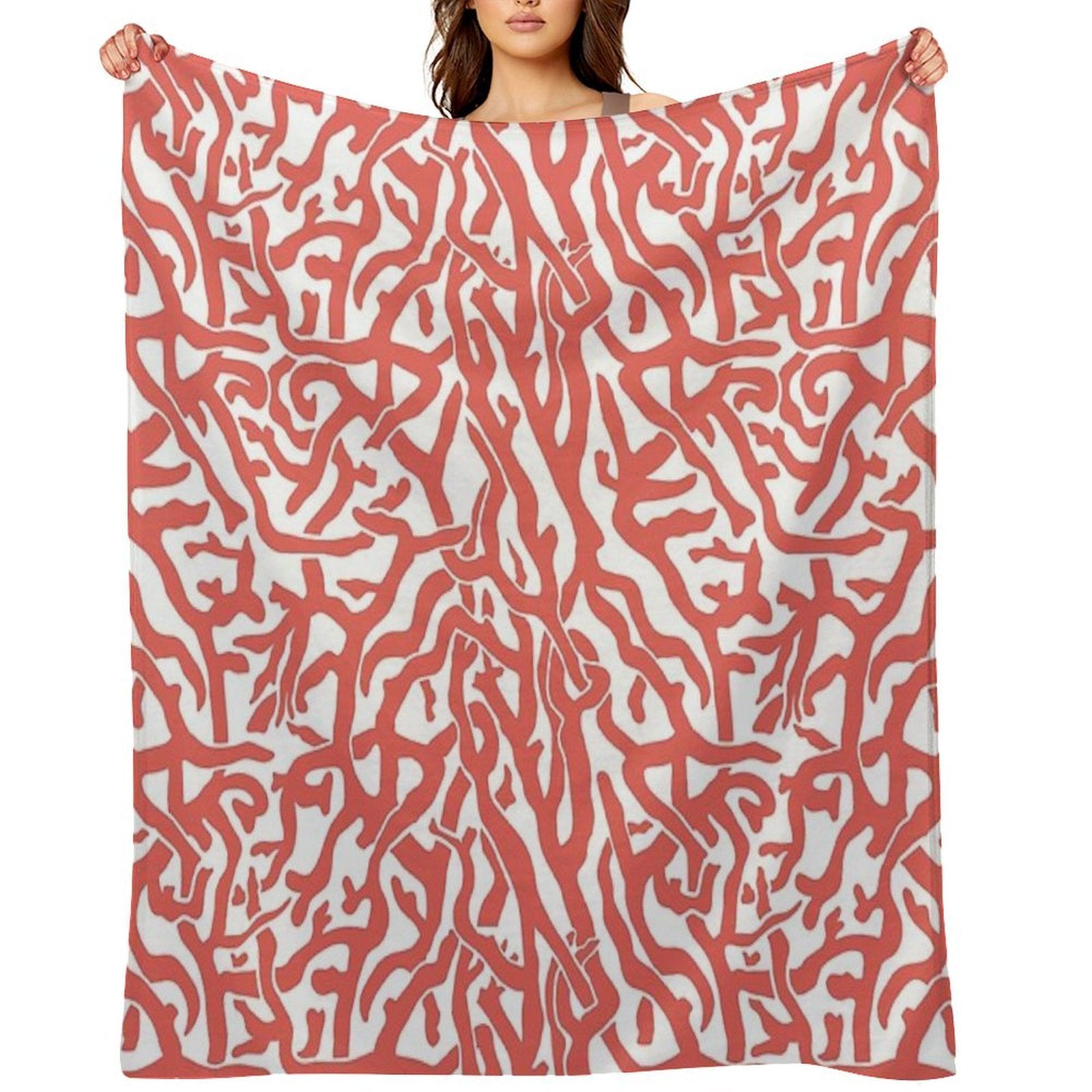 Coral Reef Pattern  Reddish Coral White Coastal Beach House Premium Throw Blanket