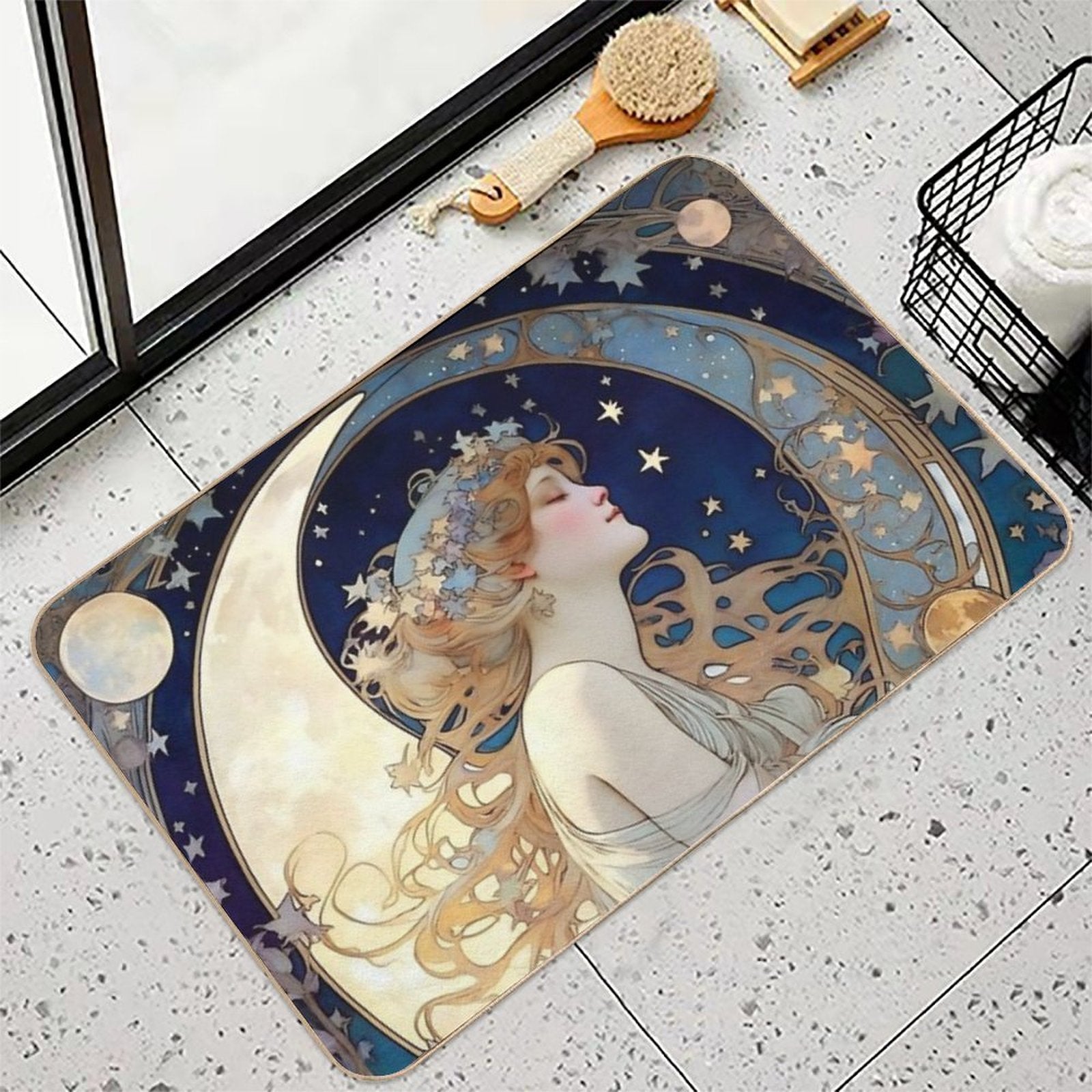 Celestial Dreams Alphonse Mucha Inspired Moon And Stars  Fade-Resistant Bath Mat