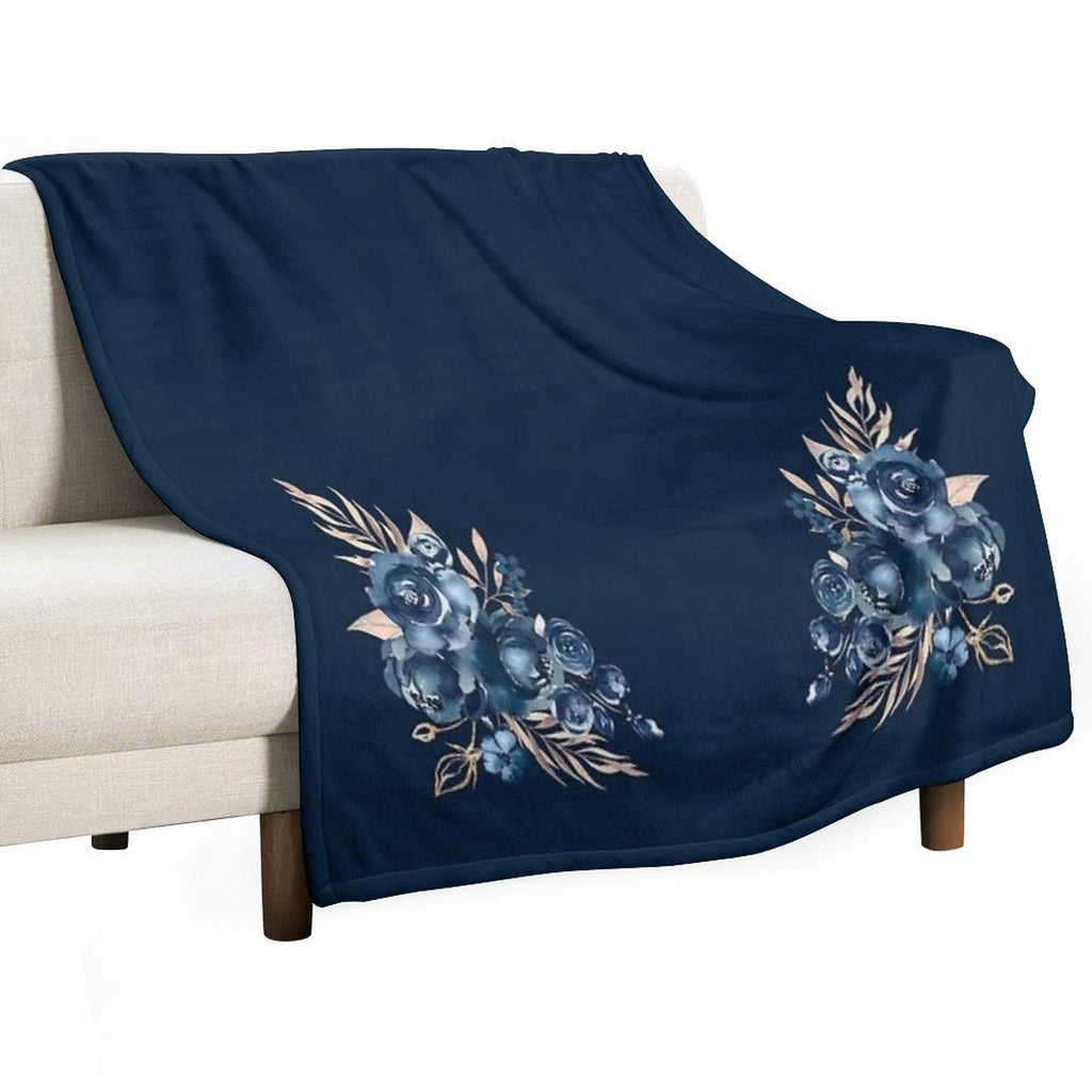 Navy Blue Floral, Watercolor Rose, Aesthetic Premium Throw Blanket