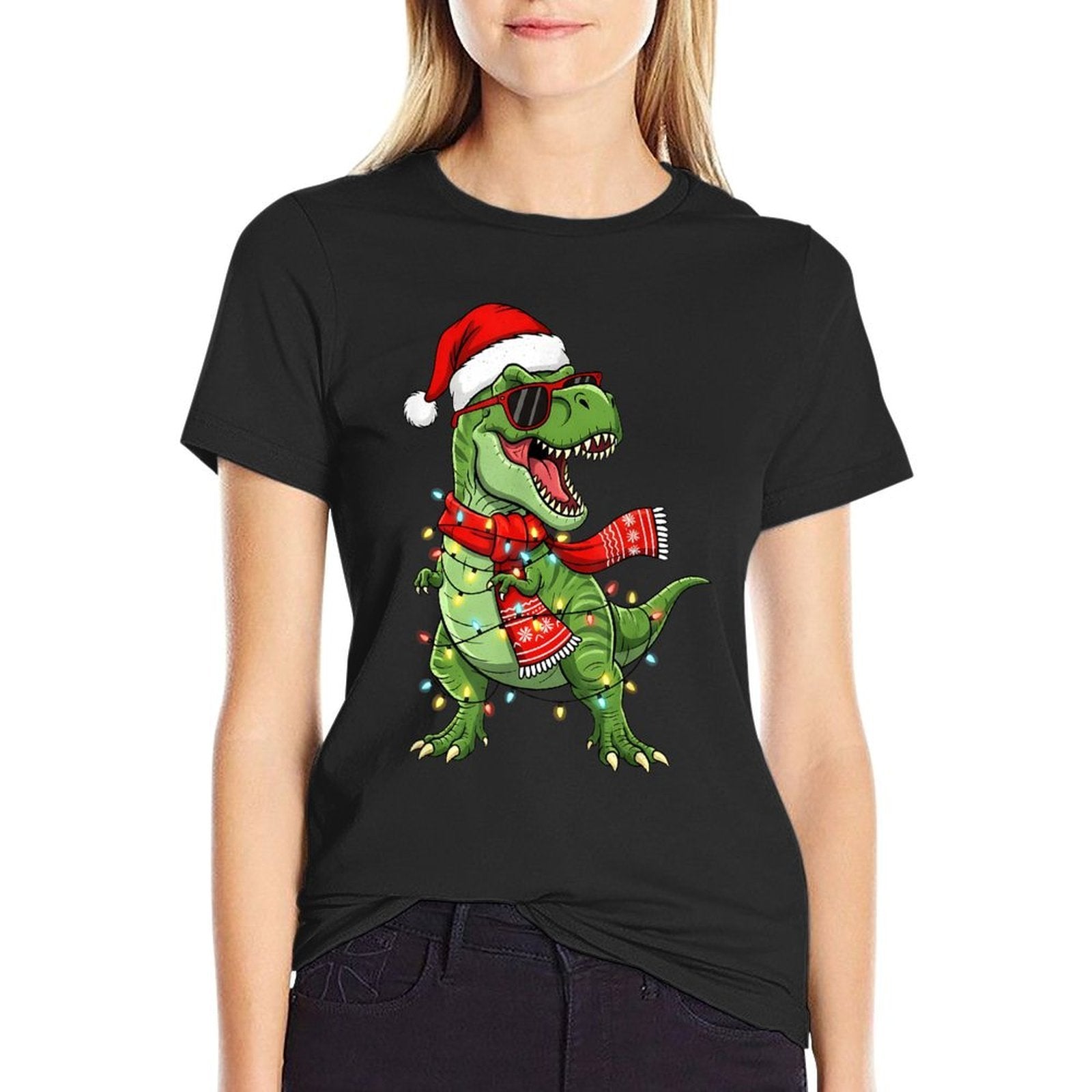 Cool Dinosaur Christmas with Santa Hat And Lights Boy Kids  Easy-care T-Shirt