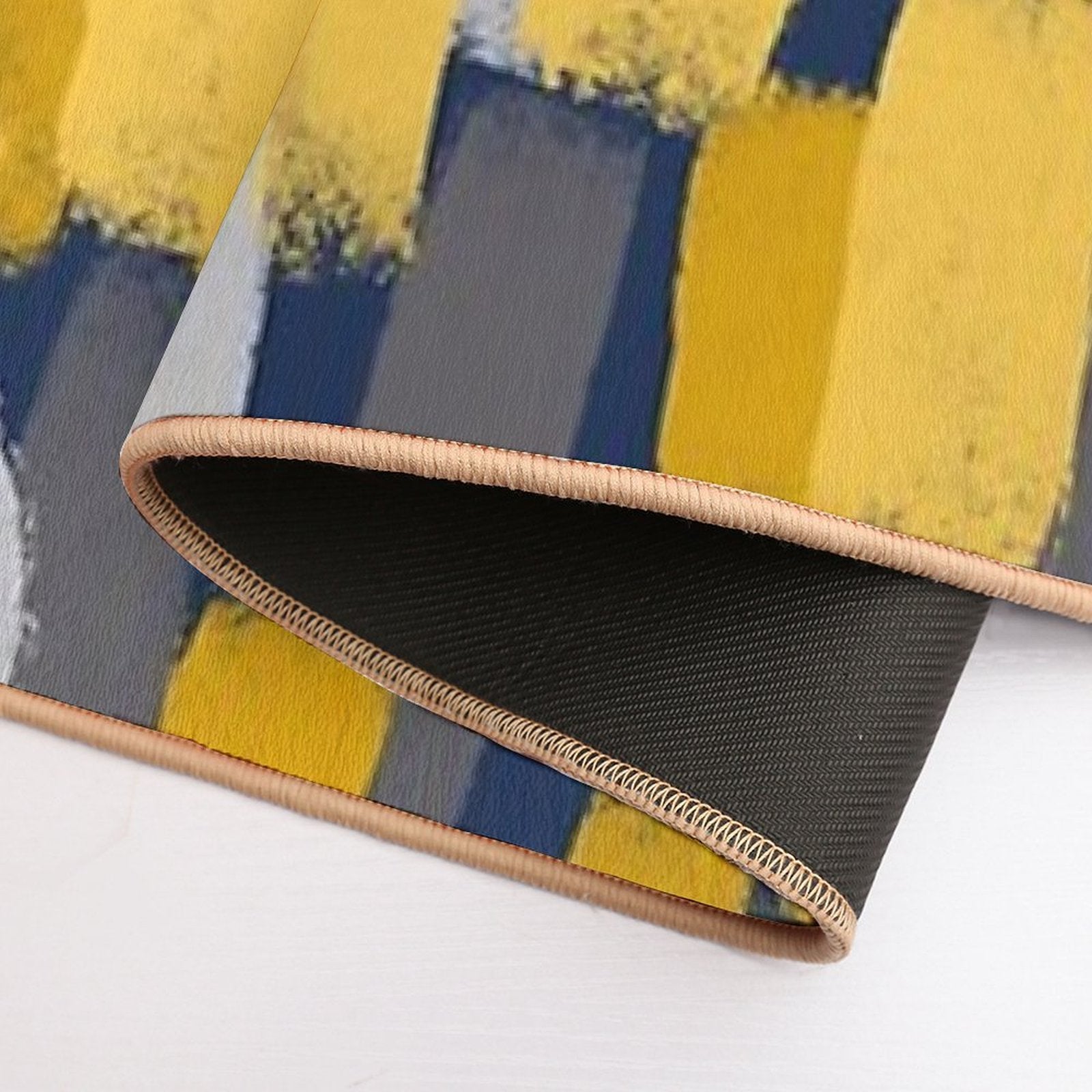 Abstract Grey And Mustard Yellow Paint Brush Effect on Navy Blue  Stain-Proof Bath Mat