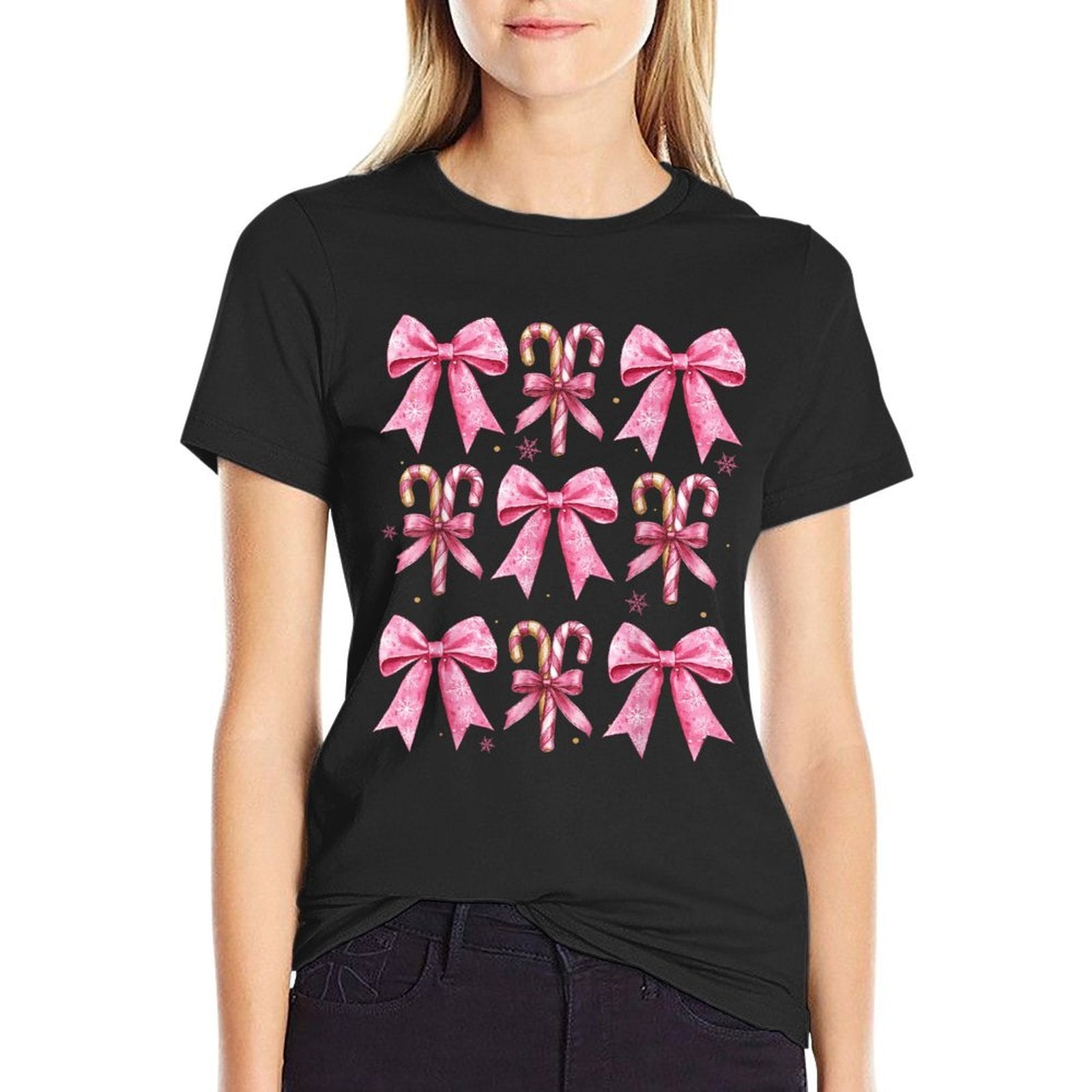 Cute Coquette Bow Candy Canes Christmas Pink Bow Girlsns  Tagless Design T-Shirt