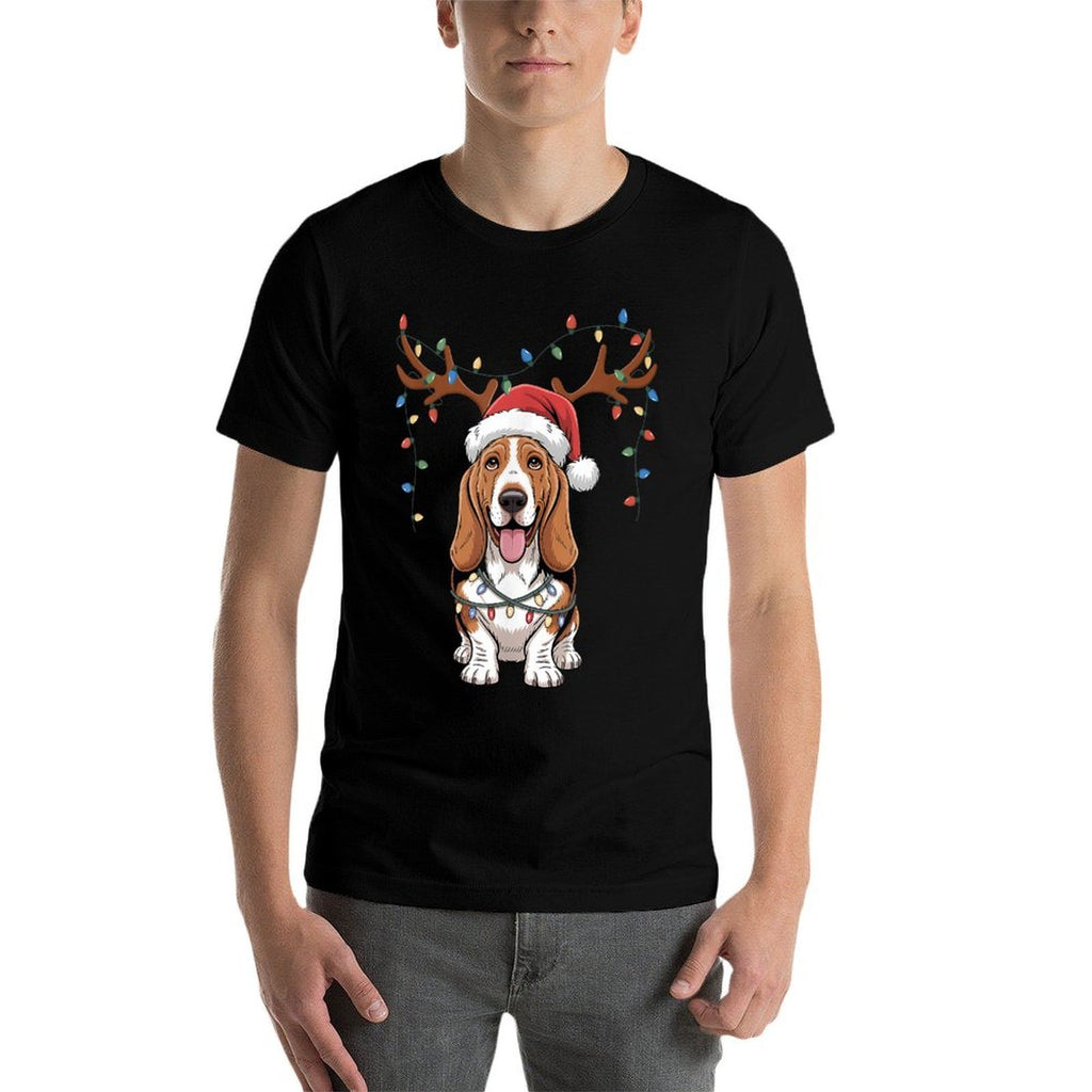 Basset Hound Dog Santa Reindeer Xmas Lights Pet Dogs Lover  Rolled Sleeves T-Shirt