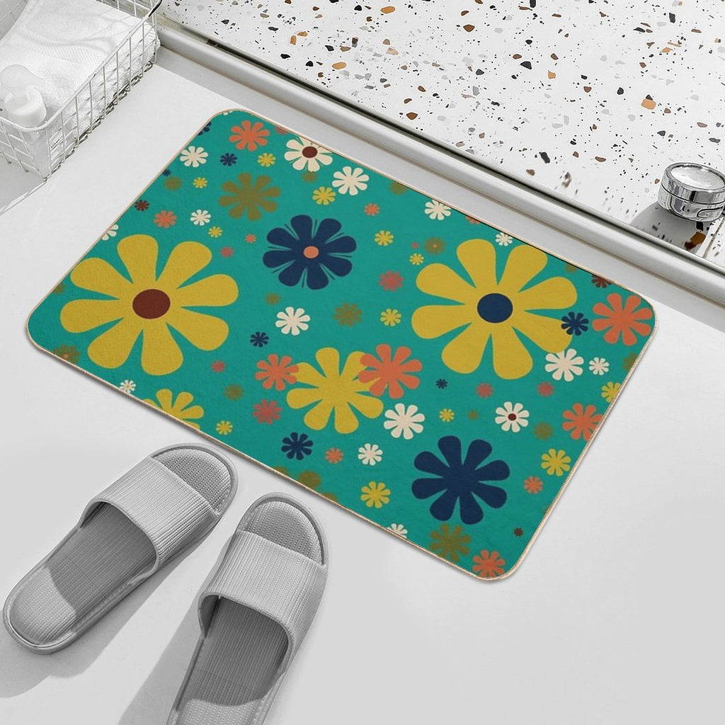 Flowerama - Retro 60s Floral Pattern in Mid Mod Mustard, Olive, Orange, Beige, And Turquoise Teal  Fade-Resistant Bath Mat