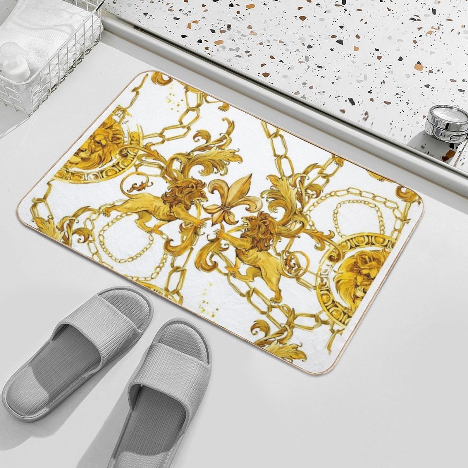 Golden Lion Baroque Seamless Pattern. Watercolor Vintage Gold Lace Ornament. Luxury Textile Print  Long-Lasting Bath Mat