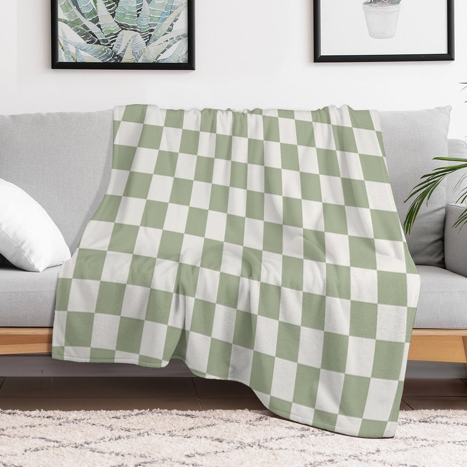 Checkerboard Mini Check Pattern in Sage Green And Off White Shrink-resistant Throw Blanket