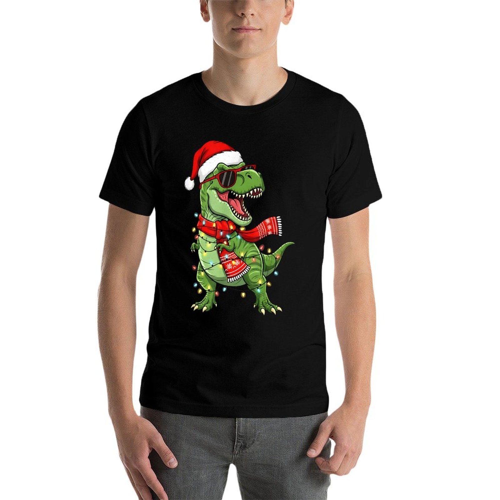 Cool Dinosaur Christmas with Santa Hat And Lights Boy Kids  Easy-care T-Shirt