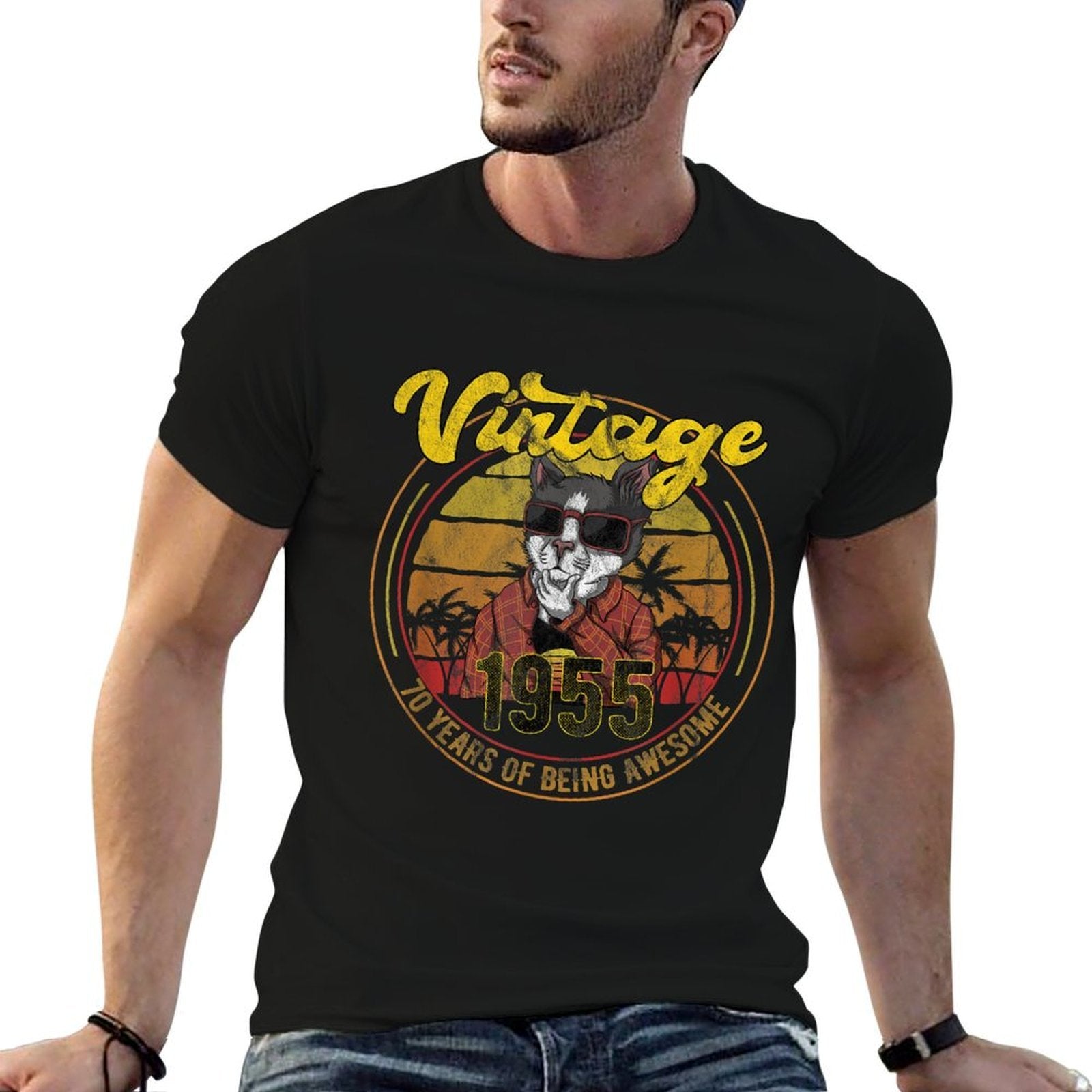 70 Year Old Gifts Vintage Cat Lover 1955 70th Birthday  High-quality Stitching T-Shirt