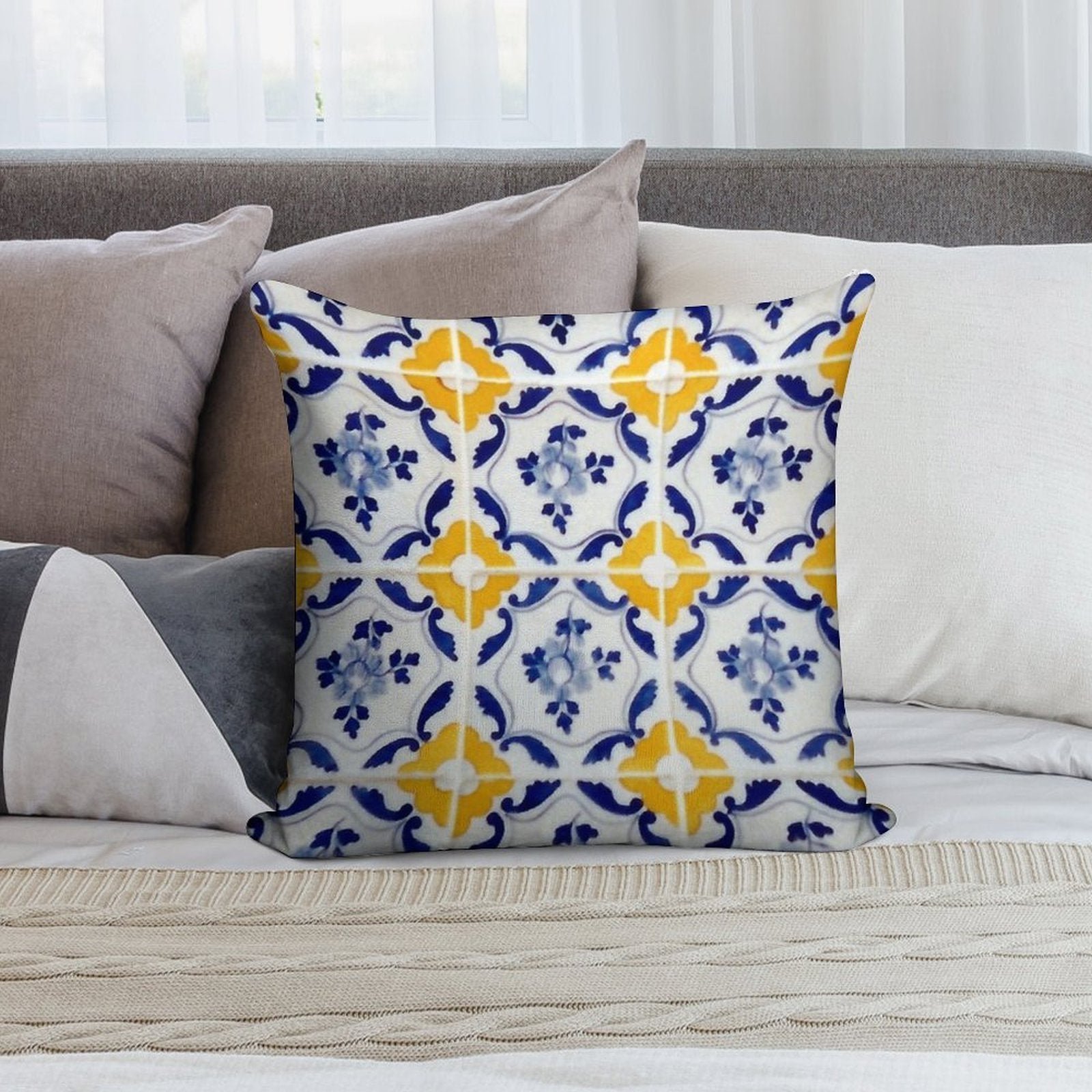 Portuguese Blue And Yellow Tiles Soft Fade-Resistant Throw Pillow