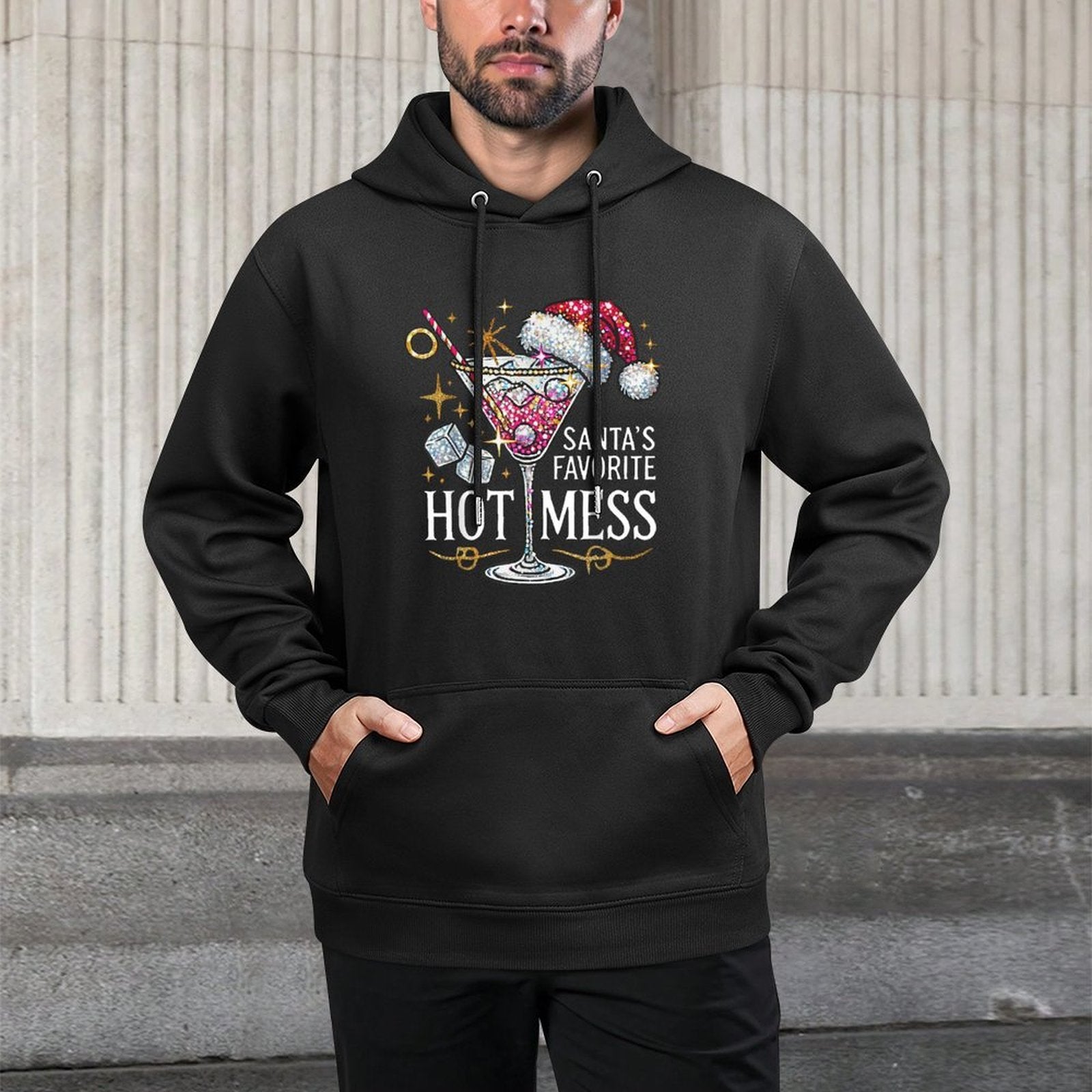 Santas Hot Mess Drinking Holiday Xmas Martini Margarita Shape Retention Hoodie
