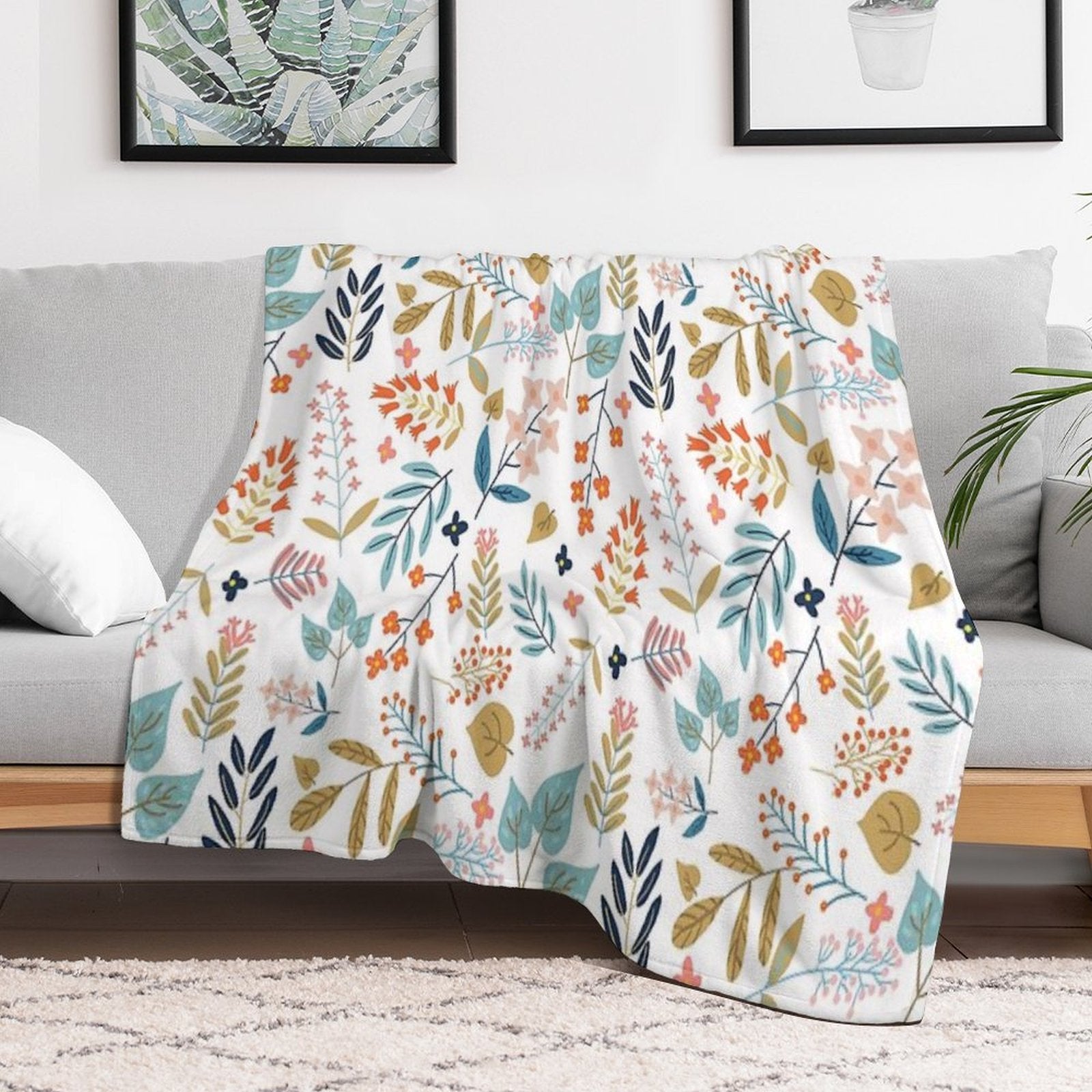 Botanical Harmony  Floral Vintage Plants Colorful Leaves  Autumn Spring Nature Bohemian Chic Shrink-resistant Throw Blanket