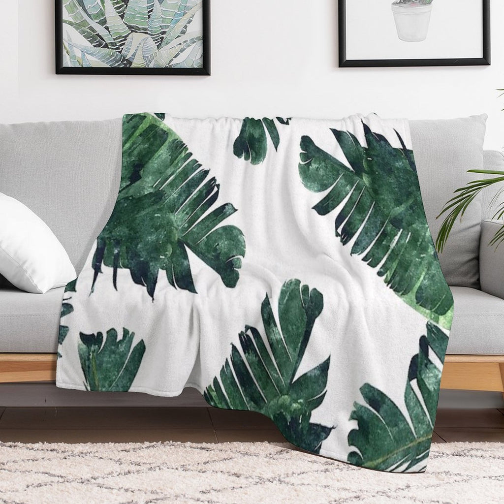 Banana Leaves Watercolor Painting, Tropical Botanical Jungle Nature Minimal Vibrant Modern Bohemian Illustration Shrink-resistant Throw Blanket
