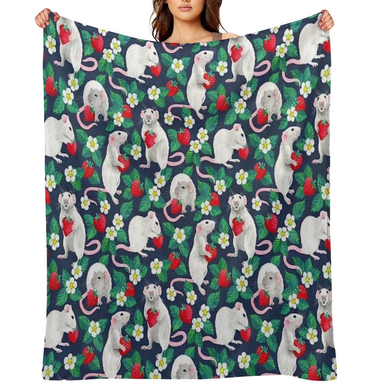 Rats Love Strawberries on Navy Blue Eco-conscious Throw Blanket