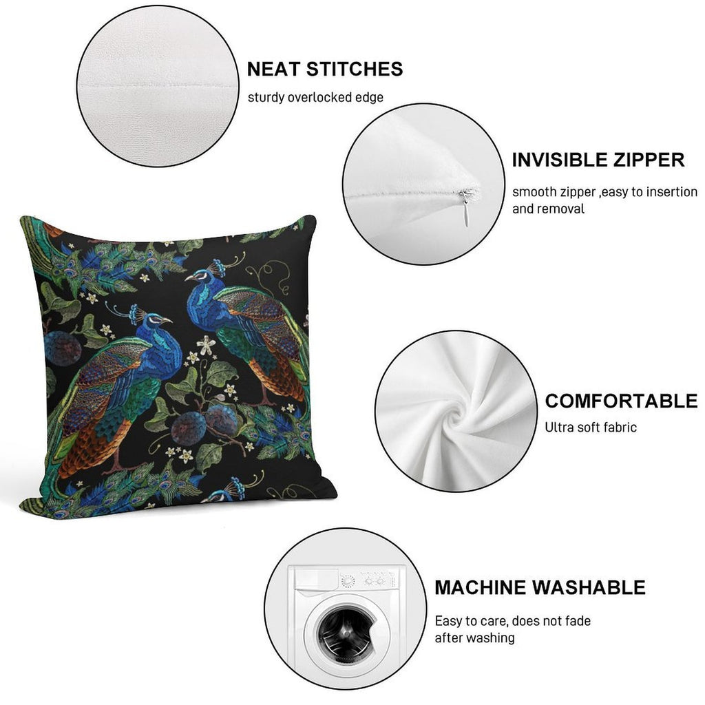 Embroidery Peacocks Soft Washable Throw Pillow