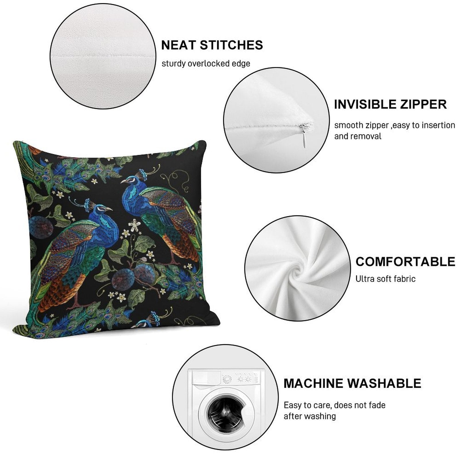 Embroidery Peacocks Soft Washable Throw Pillow